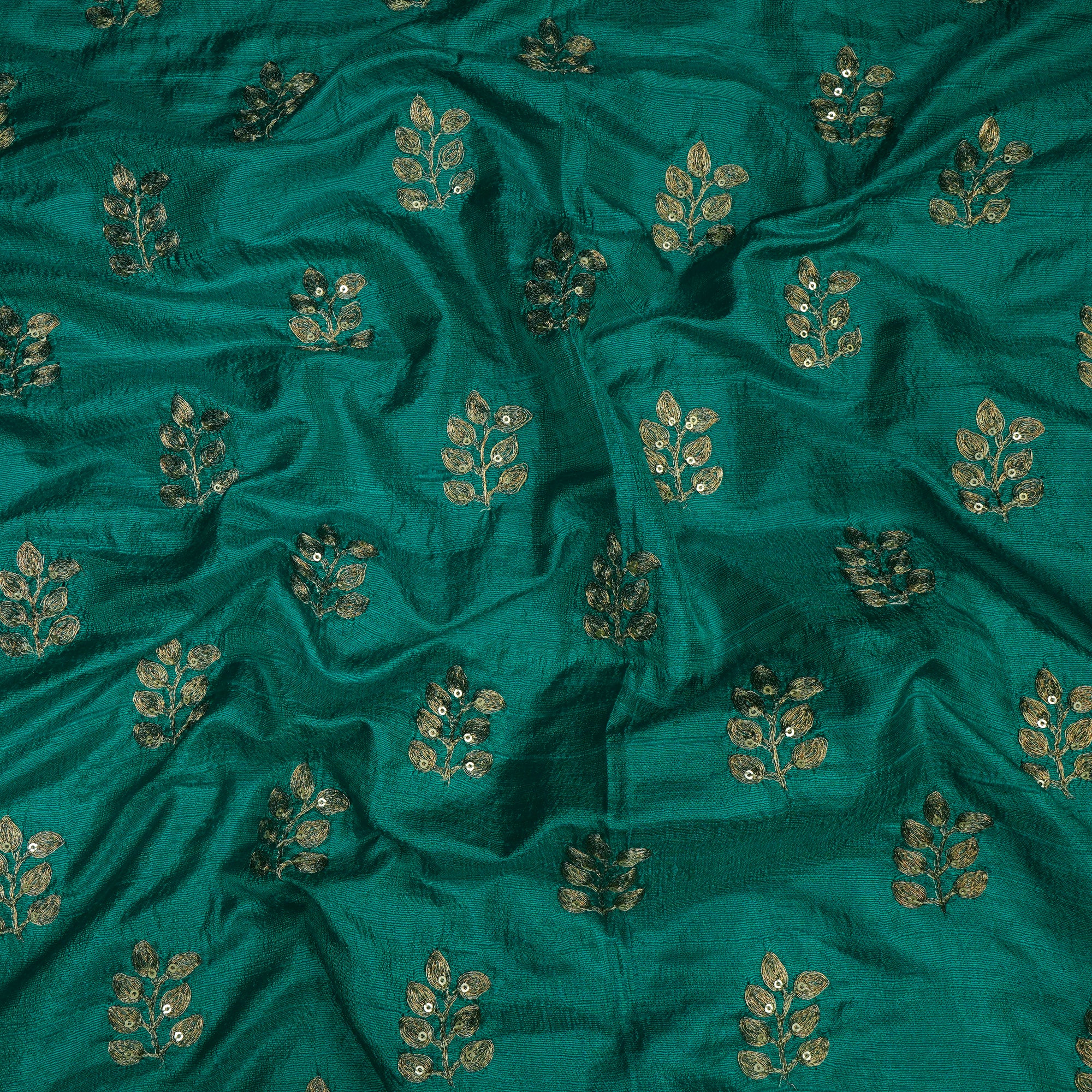 (Pre-Cut 3.50 Mtr)Dark Aqua Green-Golden Color Embroidered Dupion Silk Fabric