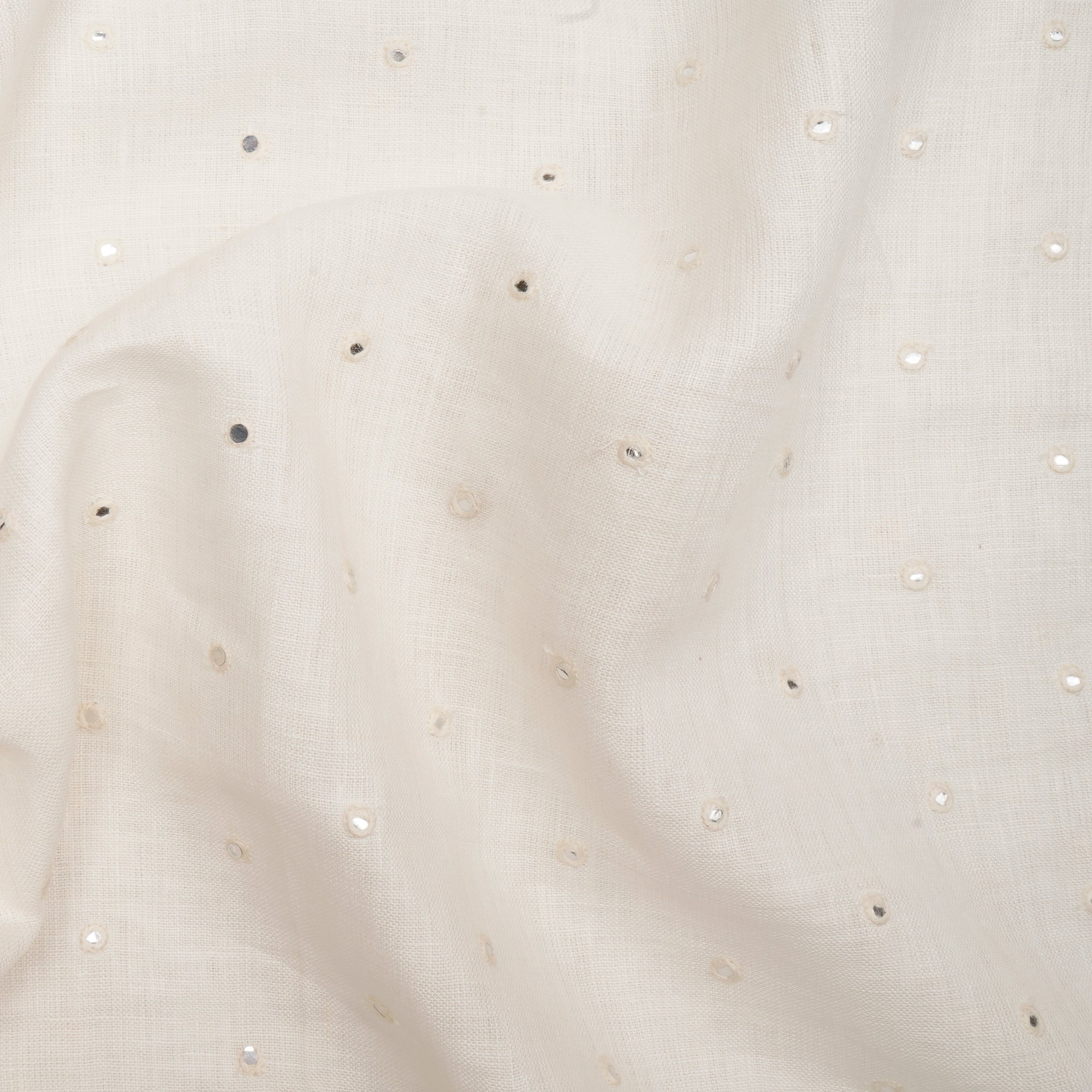 (Pre-Cut 3.80 Mtr)White Color Sequins Embroidered Plain Cotton Linen Fabric
