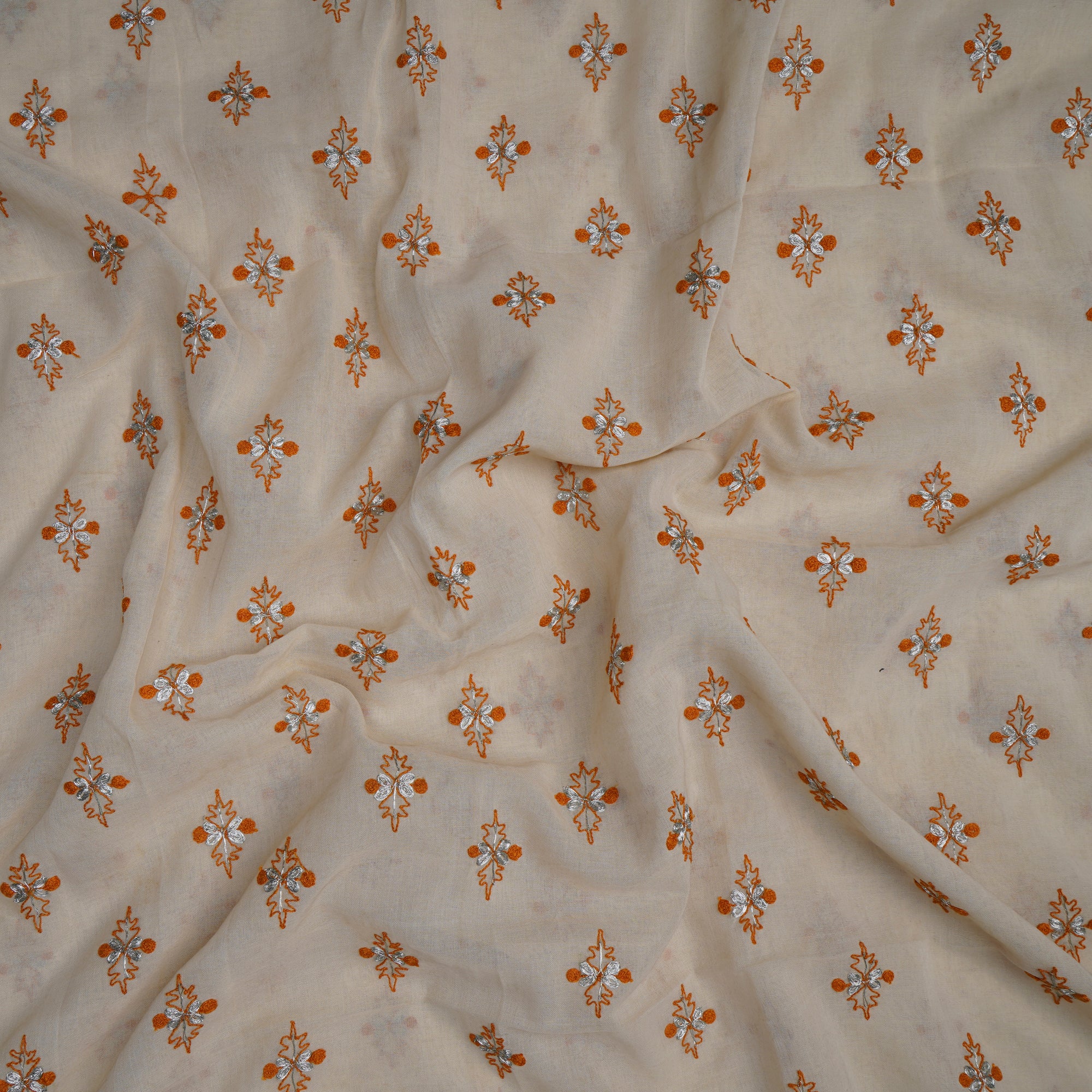 (Pre-Cut 2.90 Mtr)Cream-Mustard Color Embroidered Cotton Voile Fabric