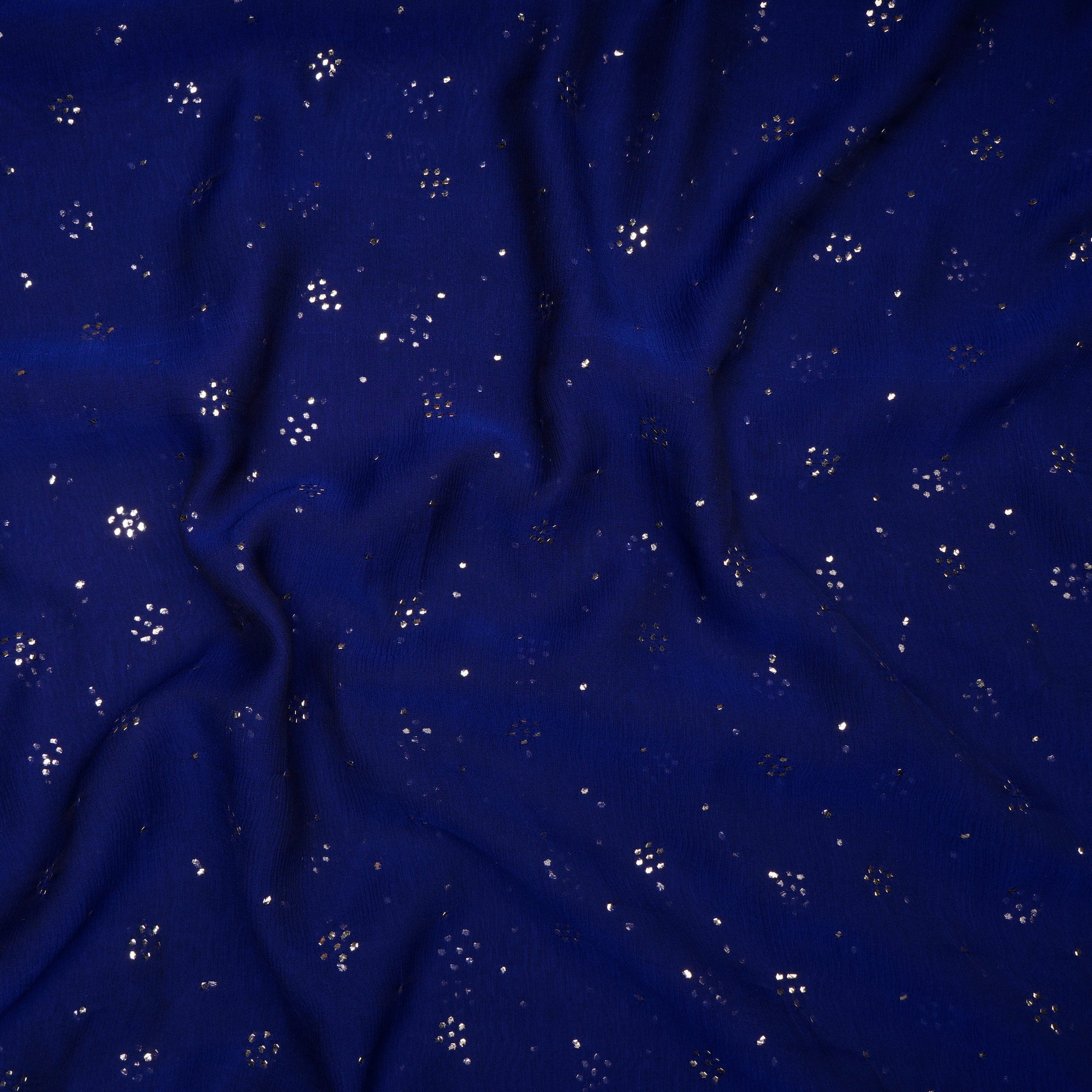 (Pre-Cut 4.00 Mtr)Blue Handcrafted Mukaish Work Pure Chiffon Silk Fabric