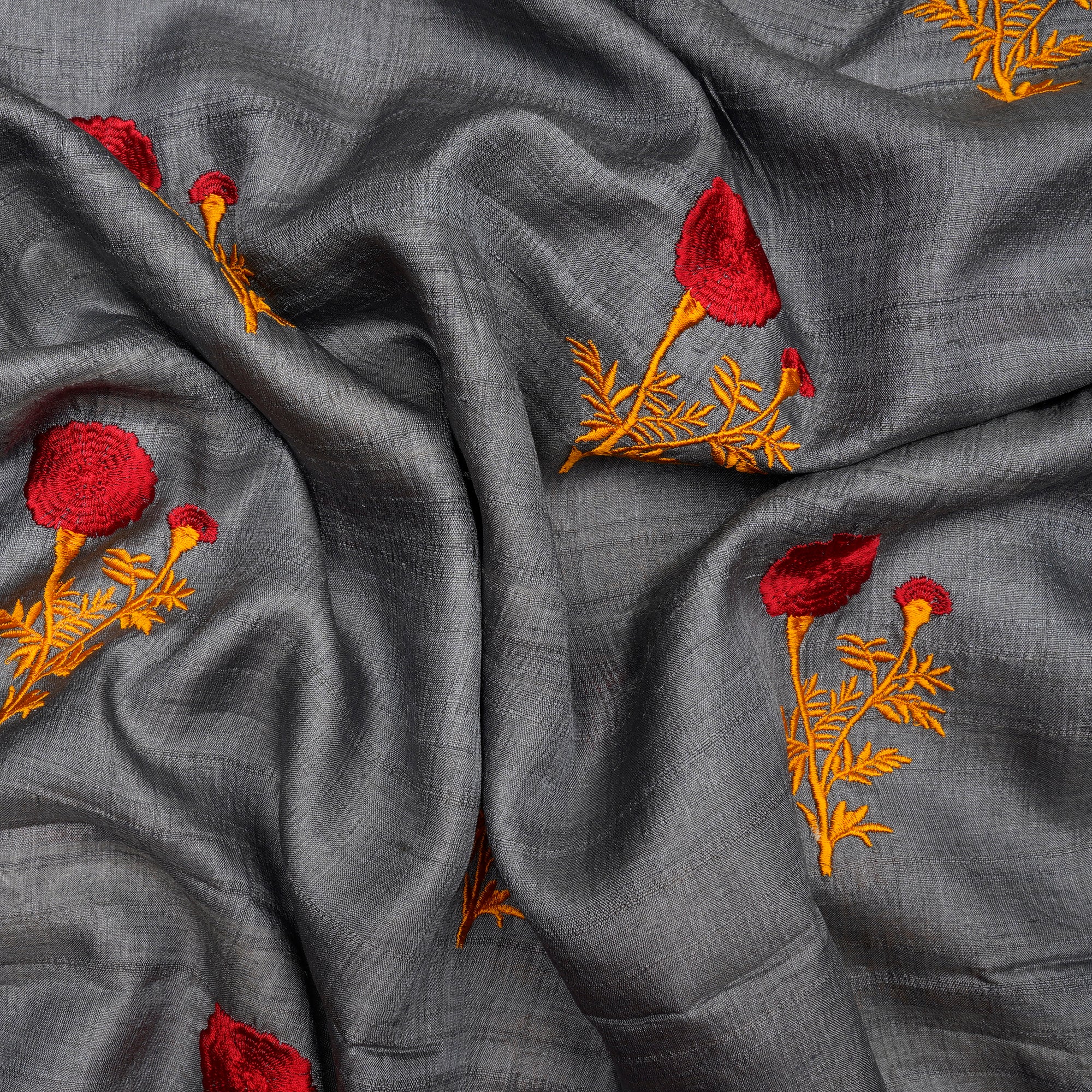 (Pre-Cut 3.30 Mtr)Grey-Yellow Motif Pattern Thread Embroidered Tusser Silk Fabric