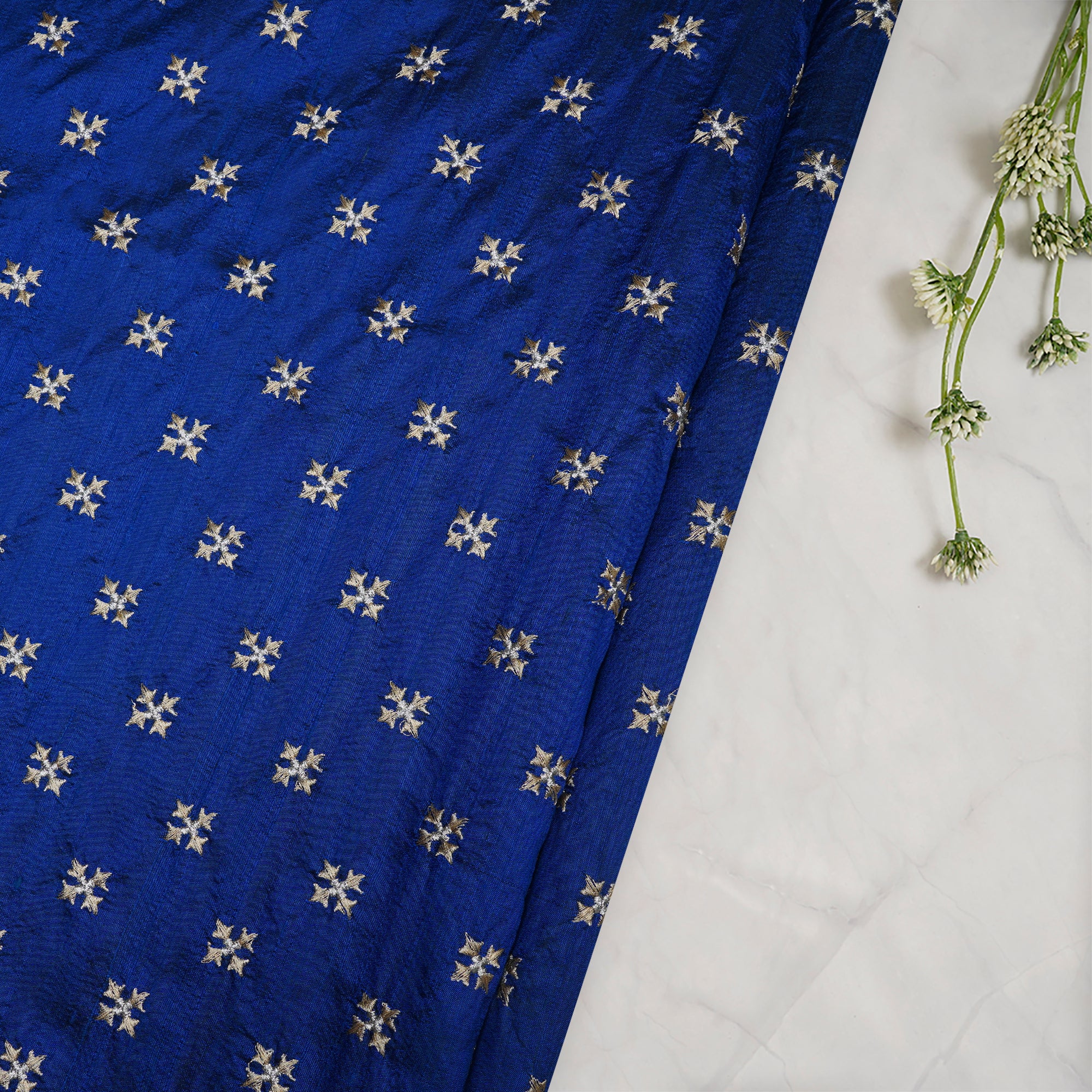 (Pre-Cut 4.60 Mtr)Blue Color Embroidered Dupion Silk Fabric
