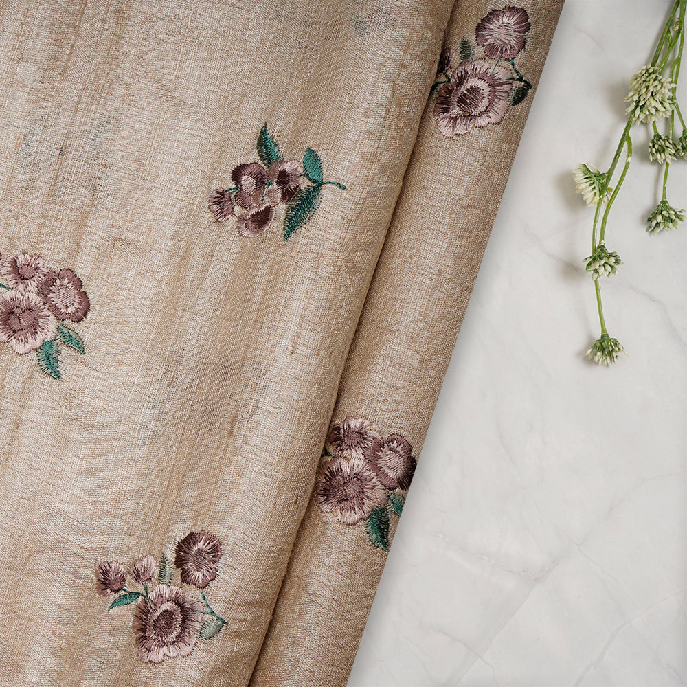 (Pre-Cut 3.50 Mtr)Beige Color Embroidered Tussar Silk Fabric