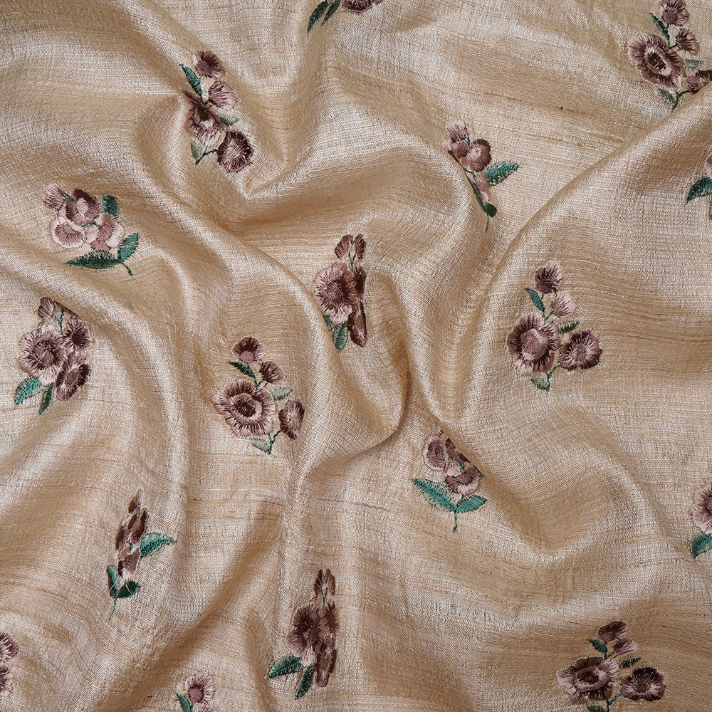 (Pre-Cut 3.50 Mtr)Beige Color Embroidered Tussar Silk Fabric
