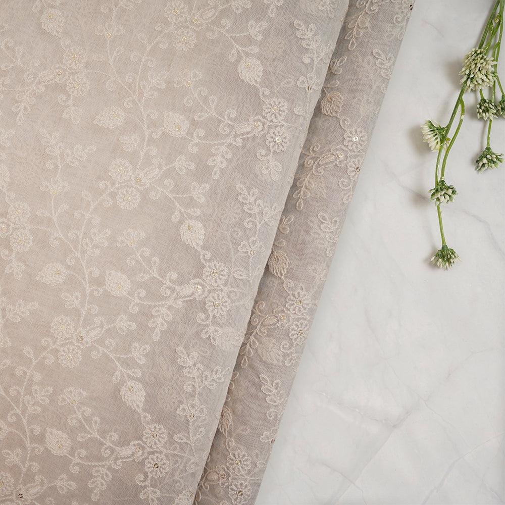 (Pre-Cut 2.70 Mtr)Off White Color Embroidered Pure Fine Chanderi Fabric