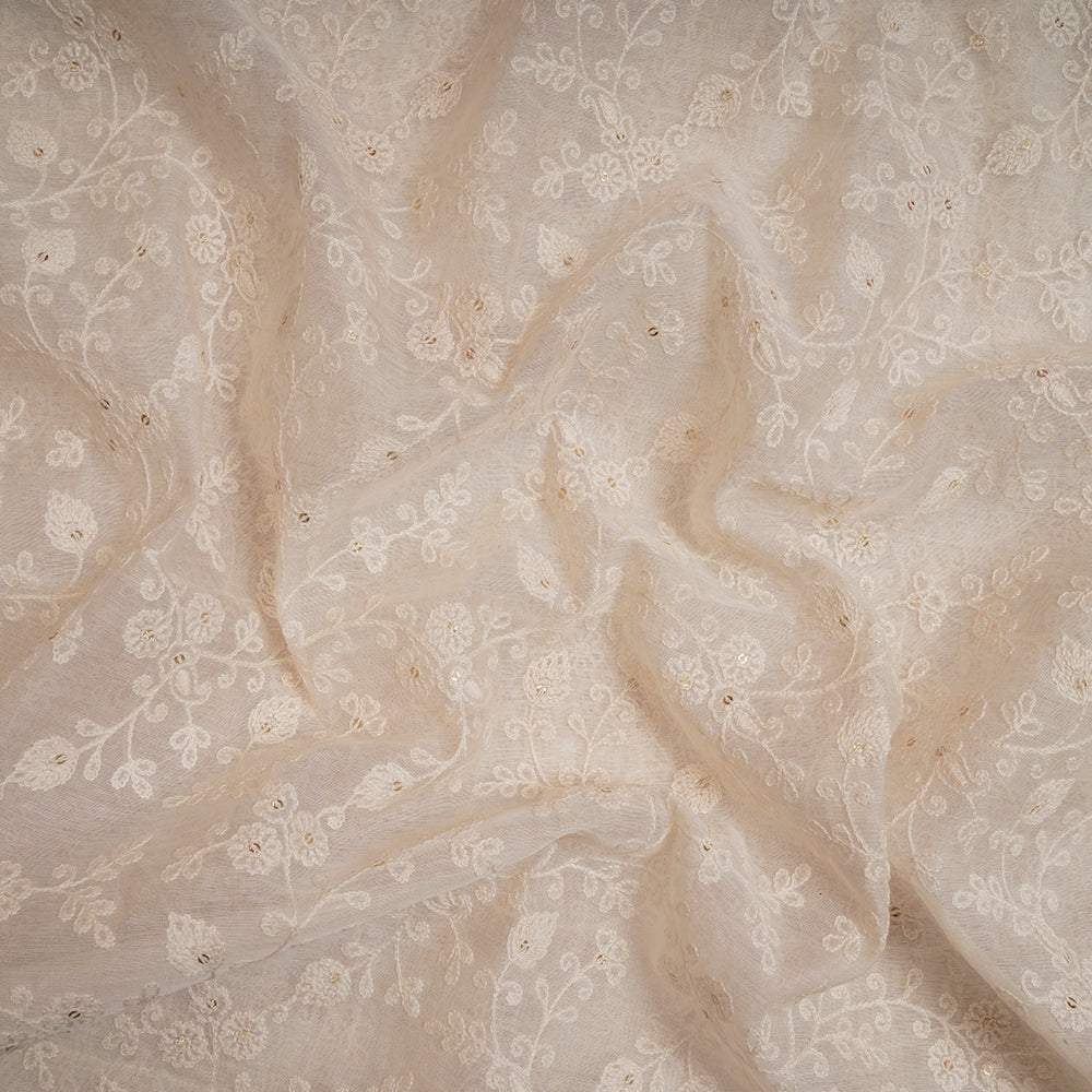 (Pre-Cut 2.70 Mtr)Off White Color Embroidered Pure Fine Chanderi Fabric