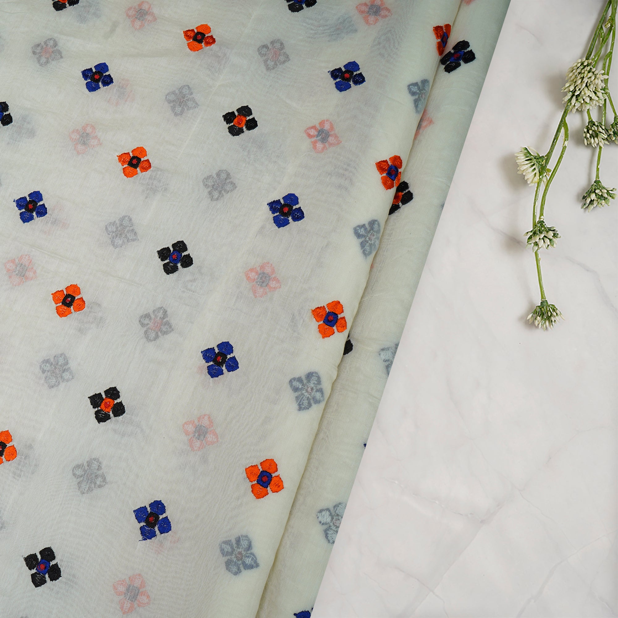 (Pre-Cut 4.20 Mtr)White-Blue Color Embroidered Fine Chanderi Fabric