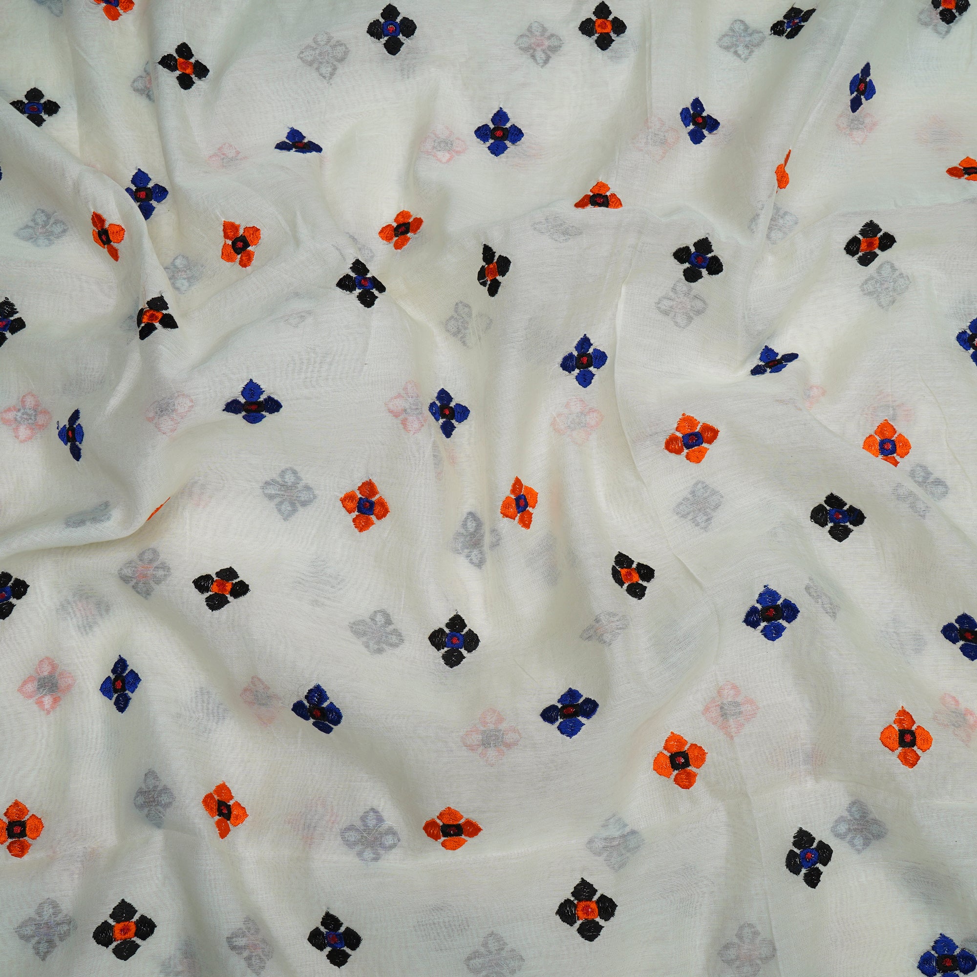 (Pre-Cut 4.20 Mtr)White-Blue Color Embroidered Fine Chanderi Fabric