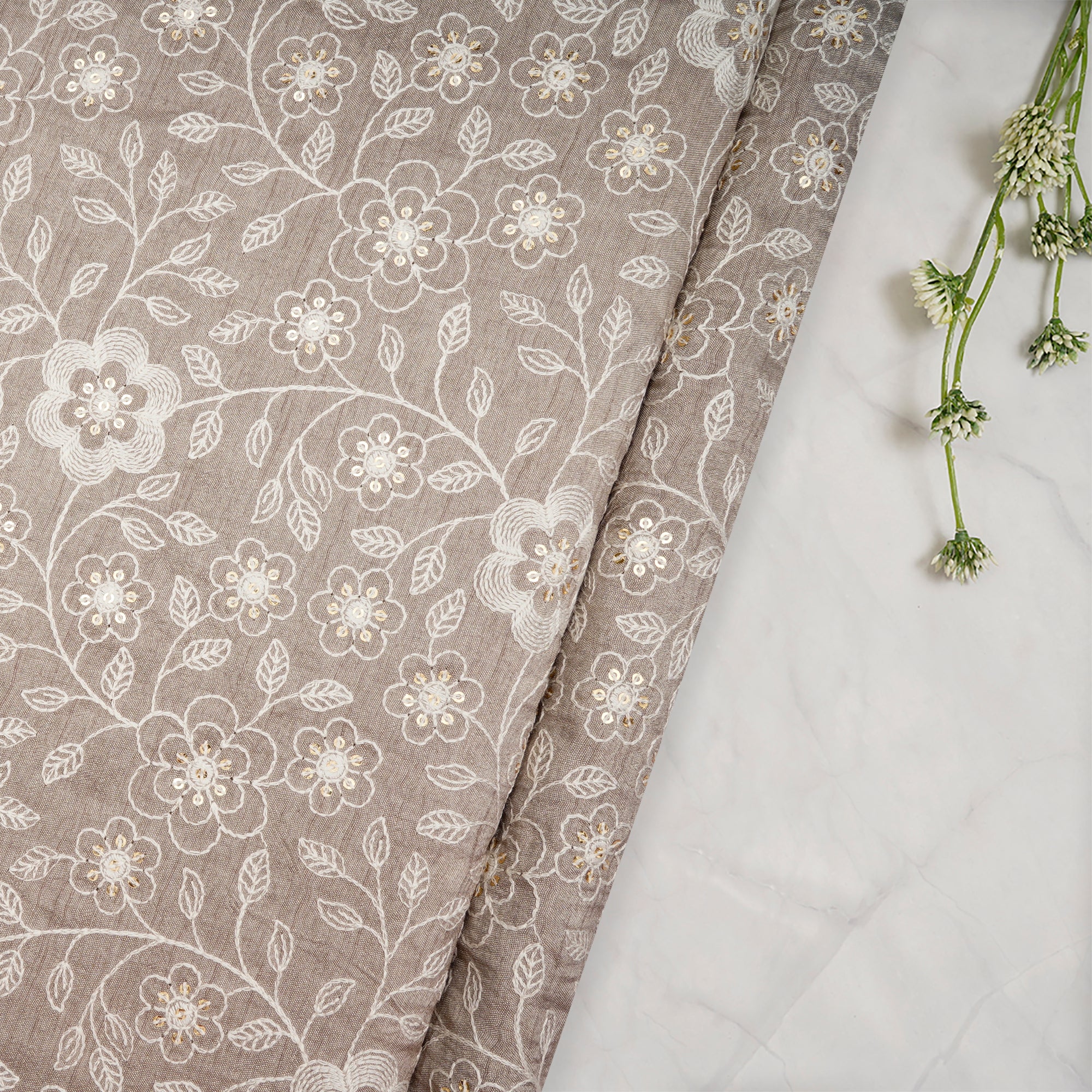 (Pre-Cut 4.20 Mtr)Island Fossil Floral Pattern Thread Embroidered Viscose Fabric