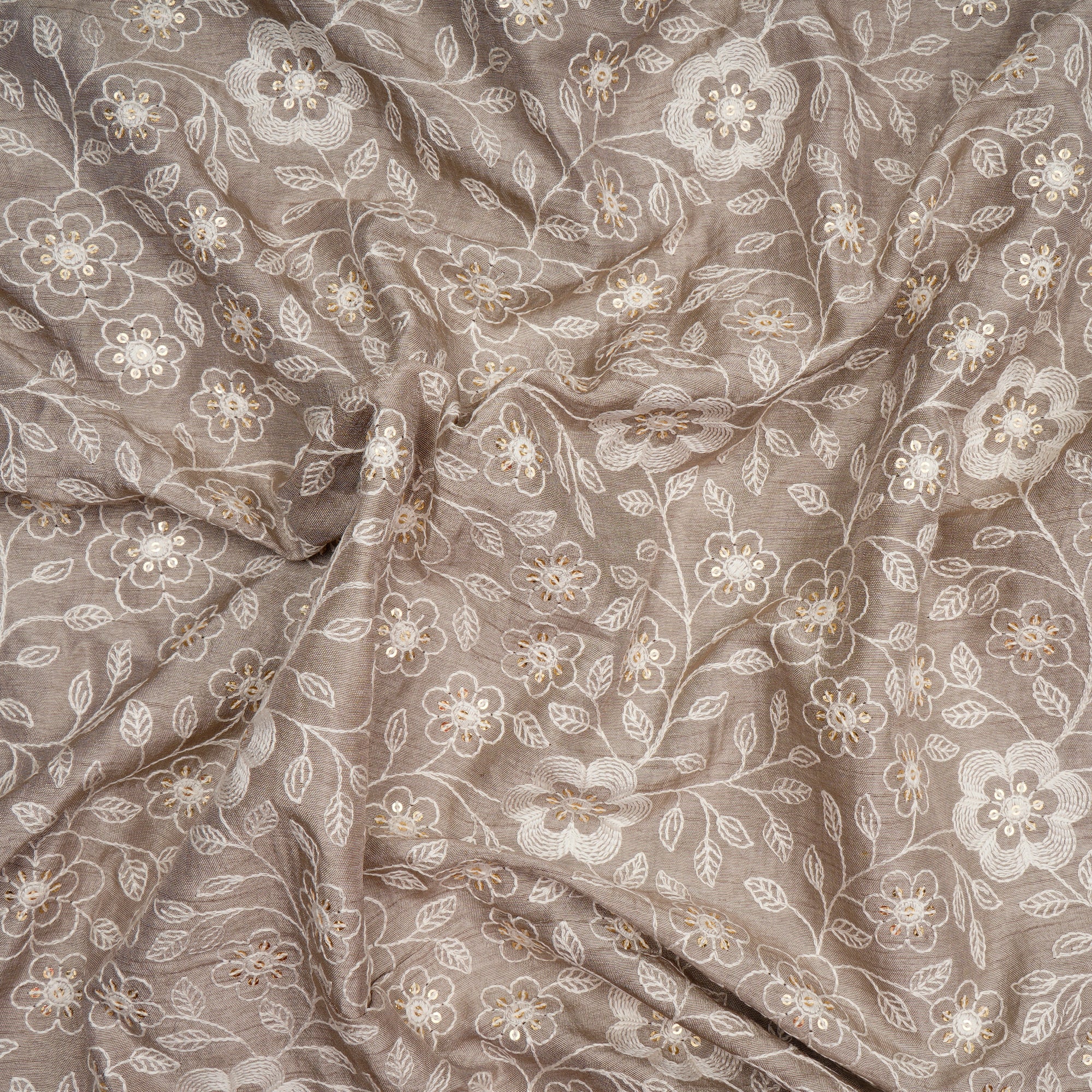 (Pre-Cut 4.20 Mtr)Island Fossil Floral Pattern Thread Embroidered Viscose Fabric