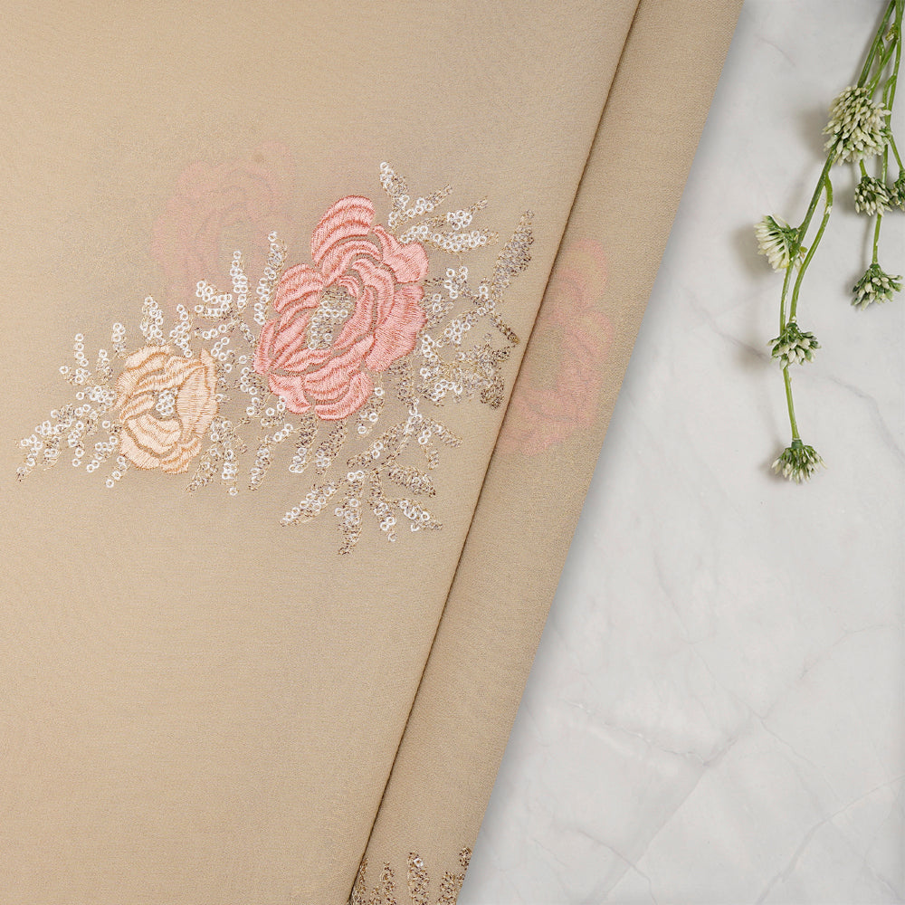 (Pre-Cut 3.60 Mtr)Beige Color Embroidered Viscose Georgette Fabric