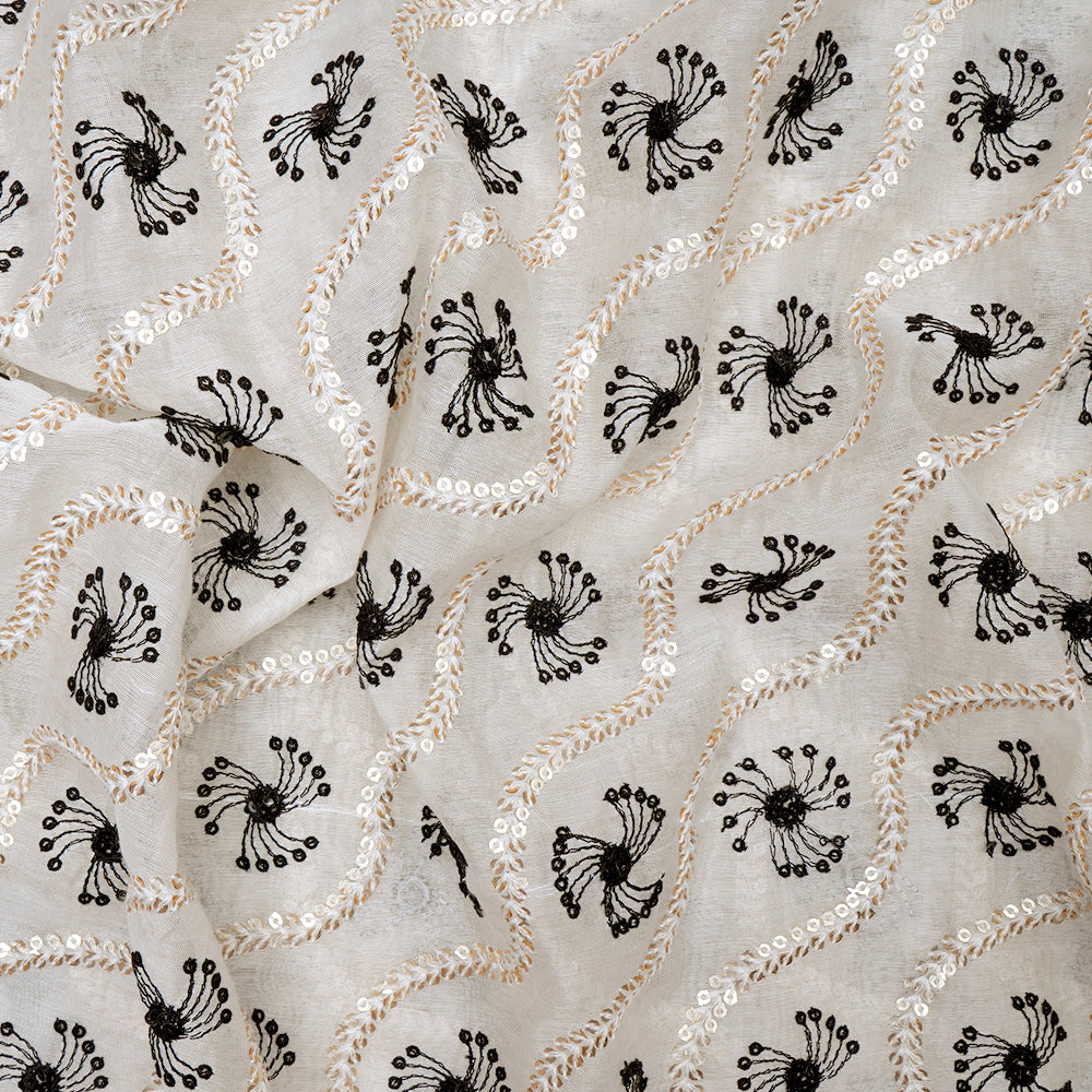 (Pre-Cut 3.30 Mtr)Off White-Black Color Sequins Embroidered Chanderi Fabric