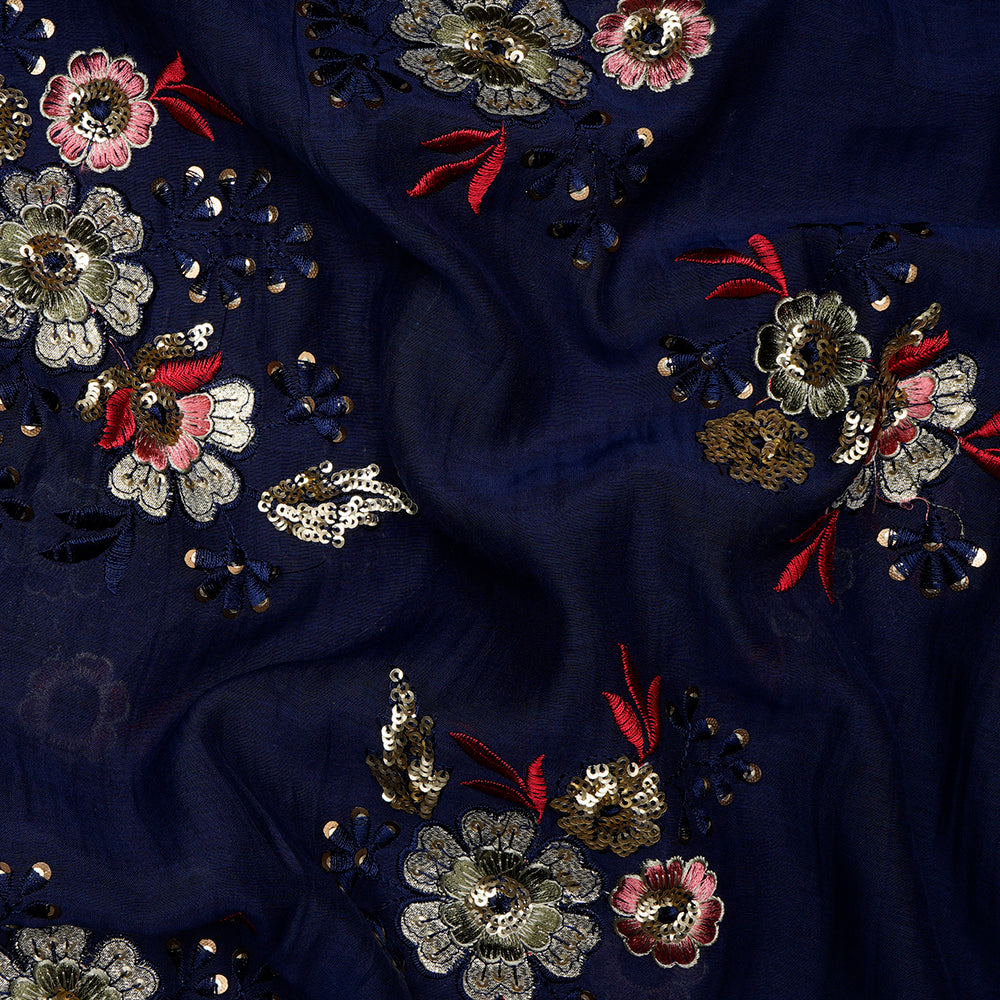(Pre-Cut 4.80 Mtr)Navy Color Sequins Embroidered Handcrafted Chanderi Fabric