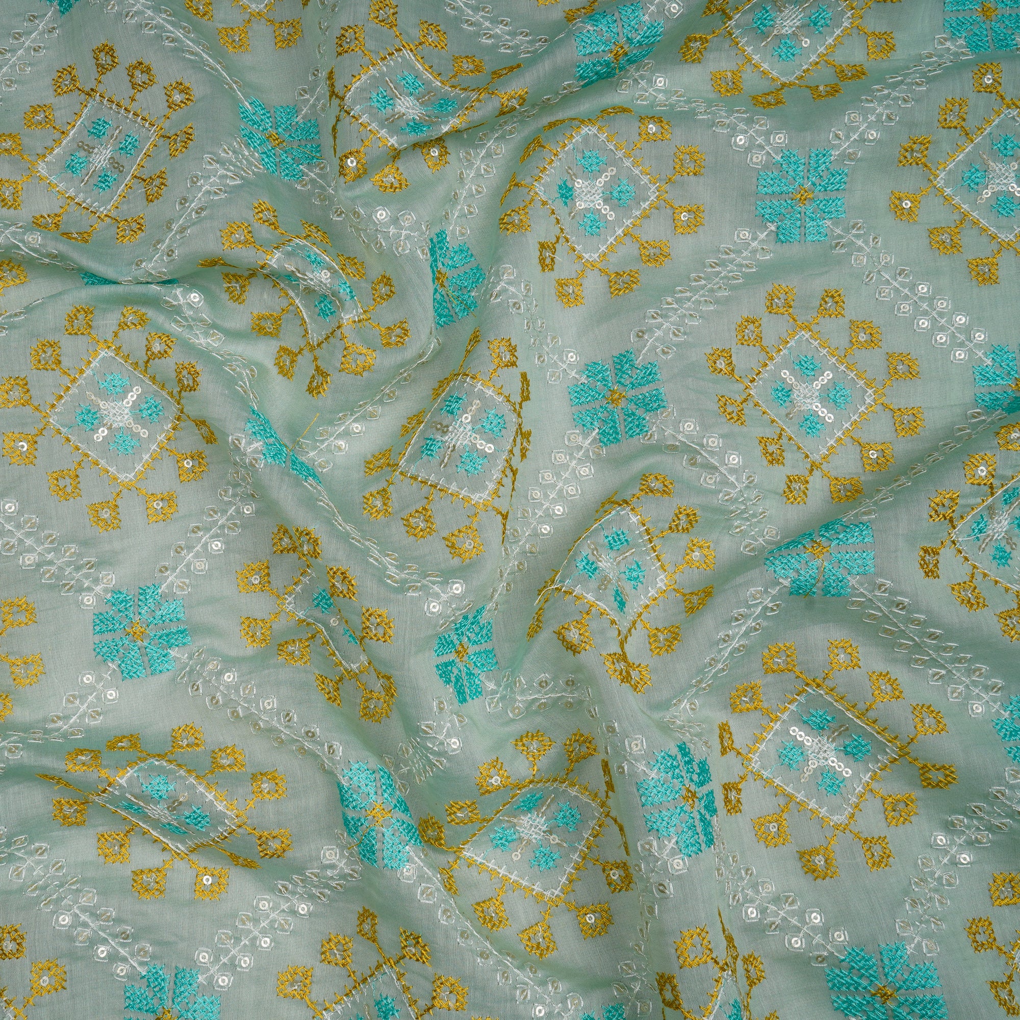 (Pre-Cut 3.60Mtr)Mint Greent All Over Pattern Thread Embroidered Pure Chanderi Fabric