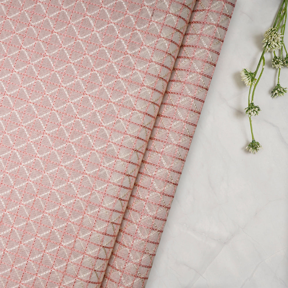 (Pre-Cut 3.90Mtr)Off White - Peach Embroidered Pure Chanderi Fabric