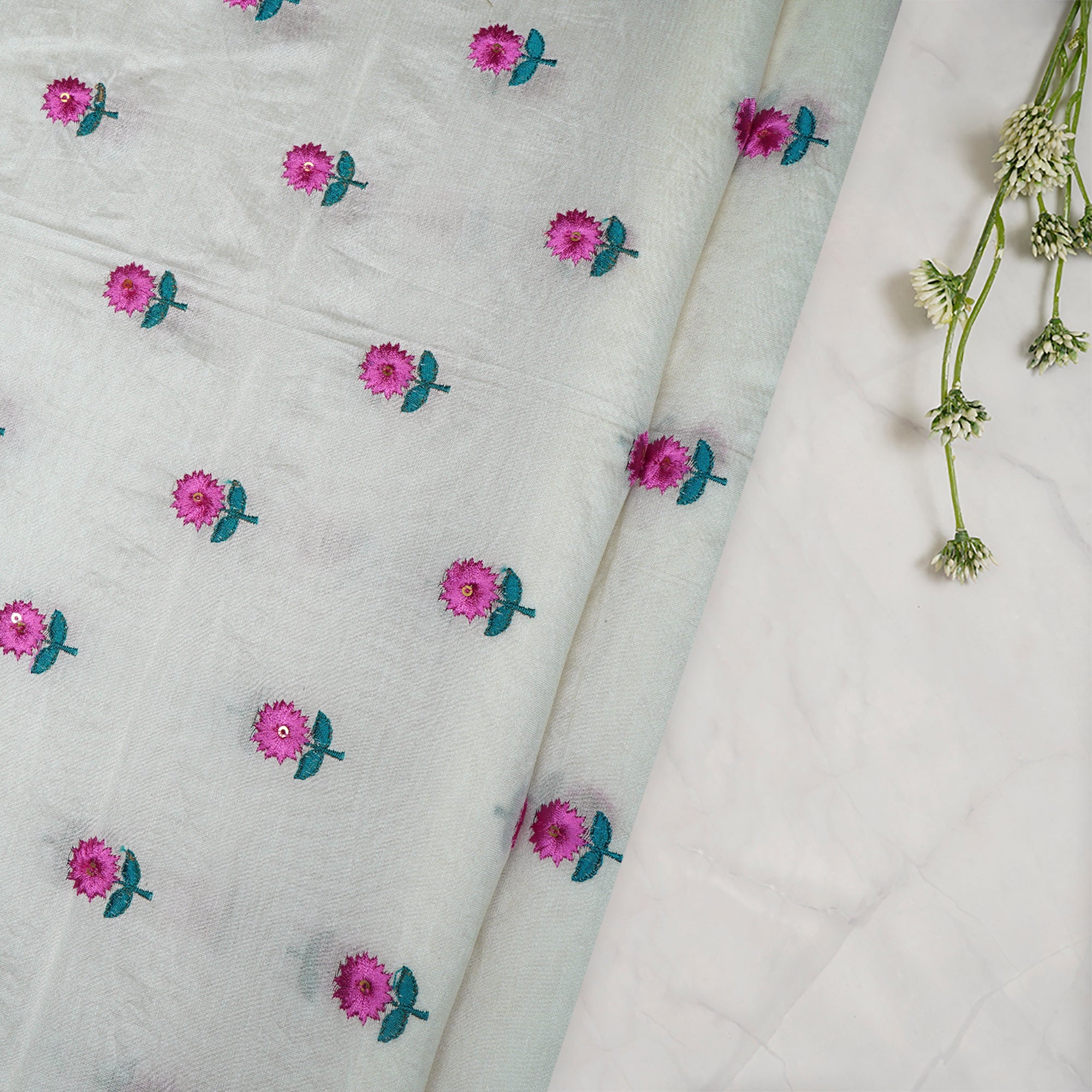 (Pre-Cut 3.60Mtr)Off White Color Embroidered Fine Chanderi Fabric