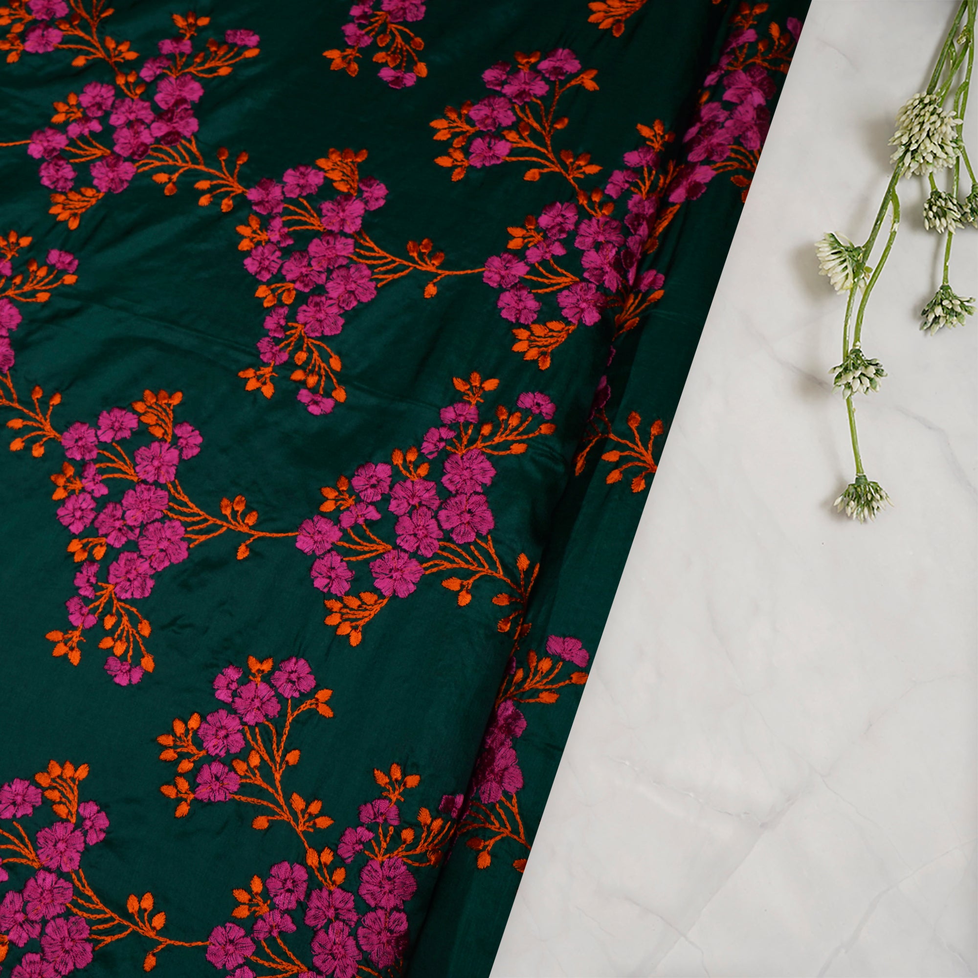 (Pre-Cut 4.50Mtr)Ultramarine Green-Pink Color Embroidered Plain Silk Fabric