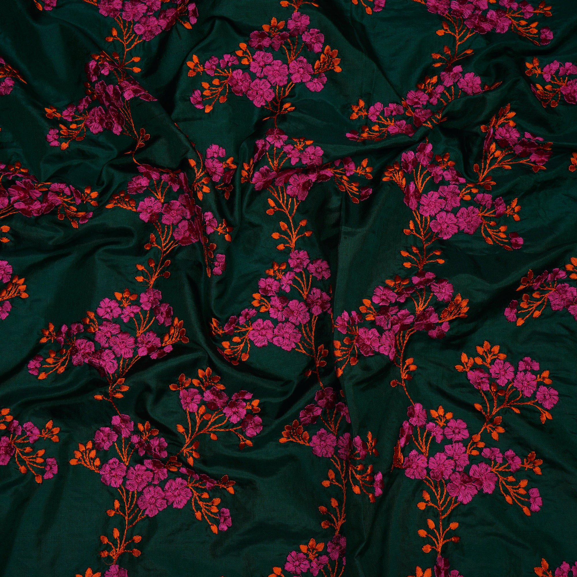 (Pre-Cut 4.50Mtr)Ultramarine Green-Pink Color Embroidered Plain Silk Fabric