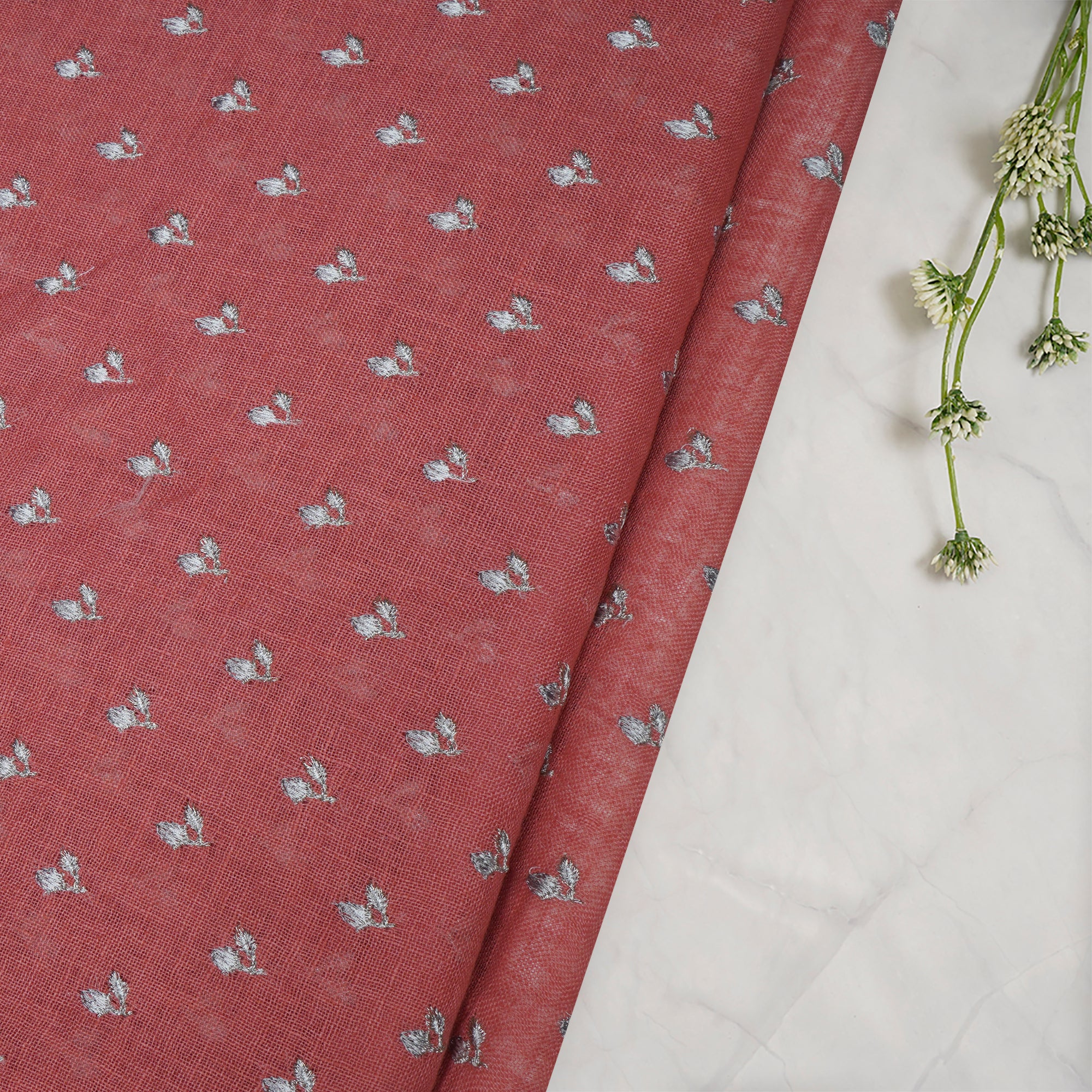 (Pre-Cut 4.50Mtr)Salmon Color Embroidered Linen Fabric