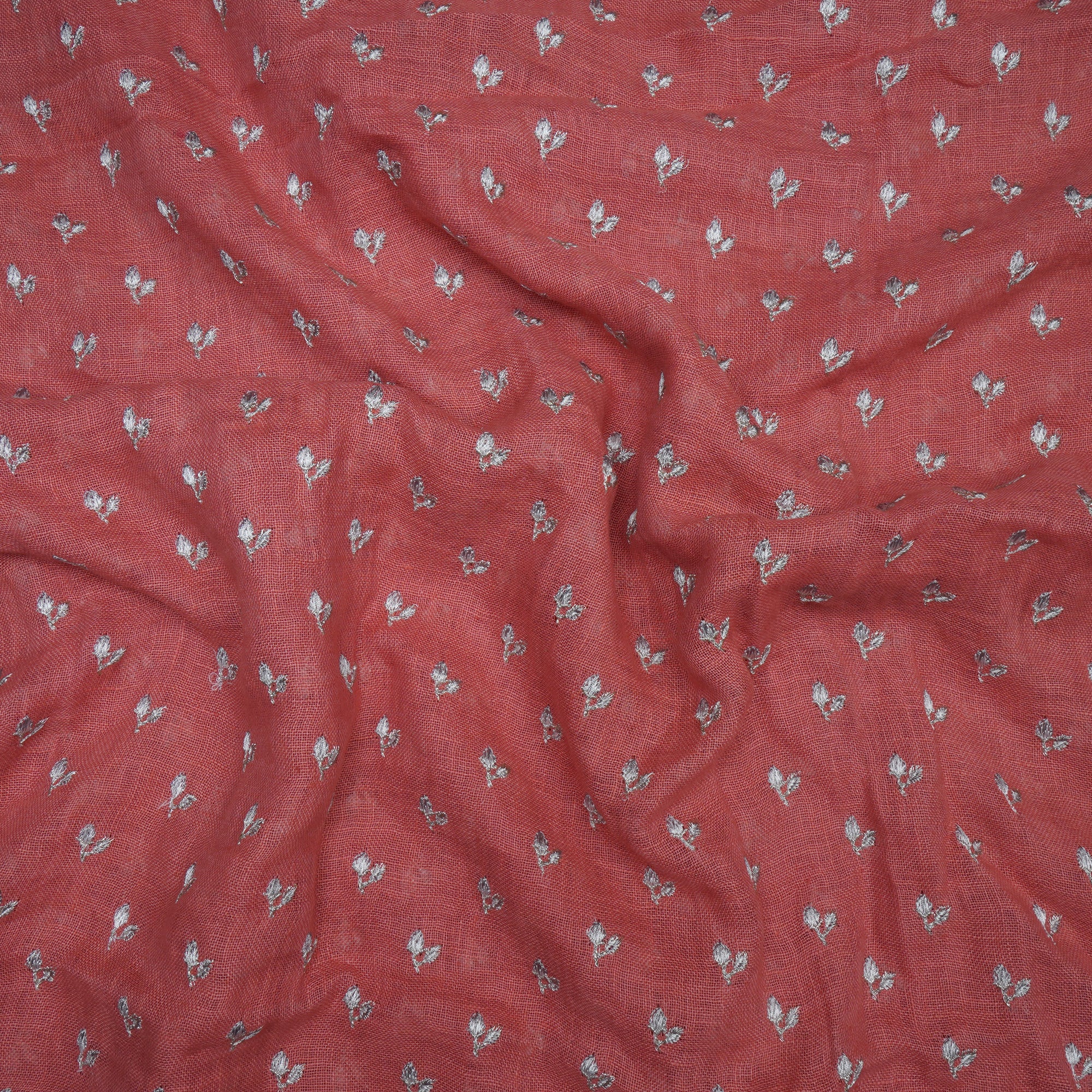 (Pre-Cut 4.50Mtr)Salmon Color Embroidered Linen Fabric