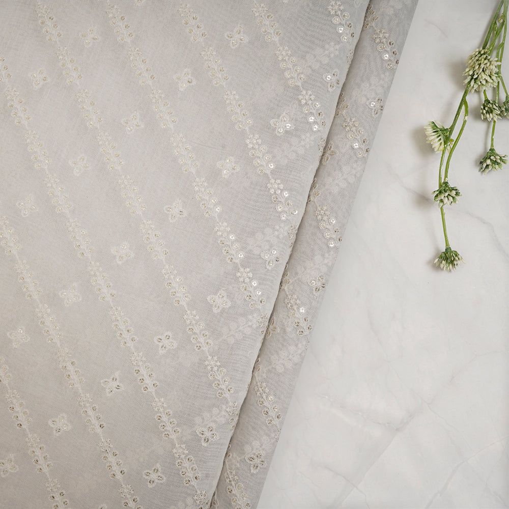 (Pre-Cut 4.00Mtr)Off White Color Embroidered Pure Fine Chanderi Fabric
