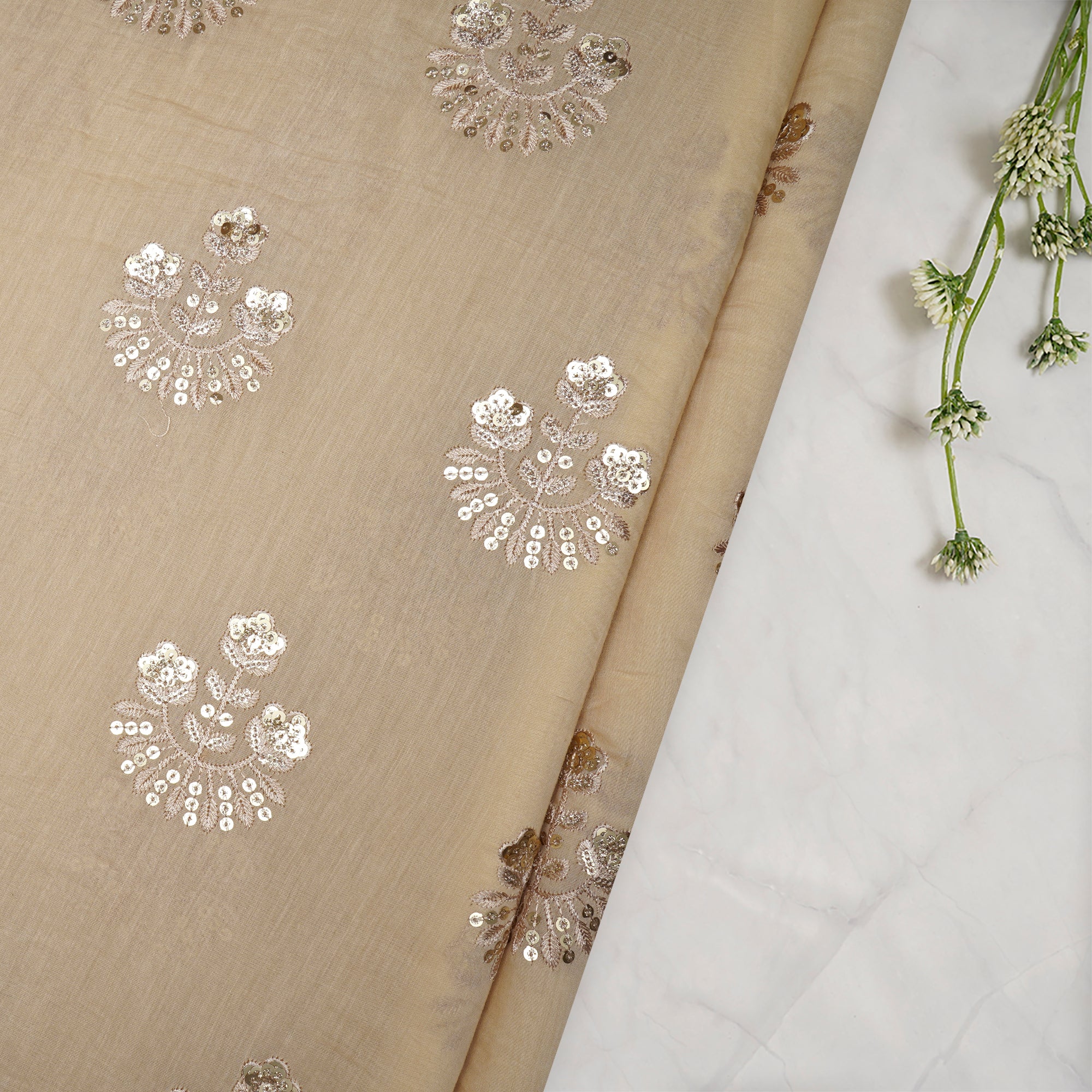 (Pre-Cut 3.60Mtr)Beige Color Embroidered Pure Chanderi Fabric