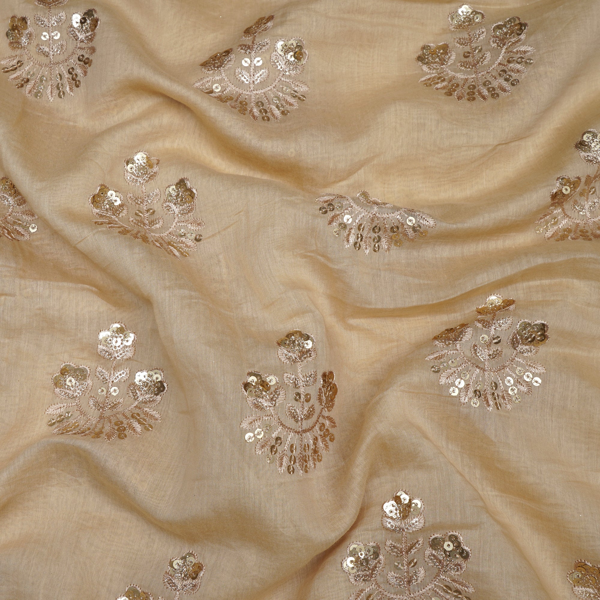 (Pre-Cut 3.60Mtr)Beige Color Embroidered Pure Chanderi Fabric