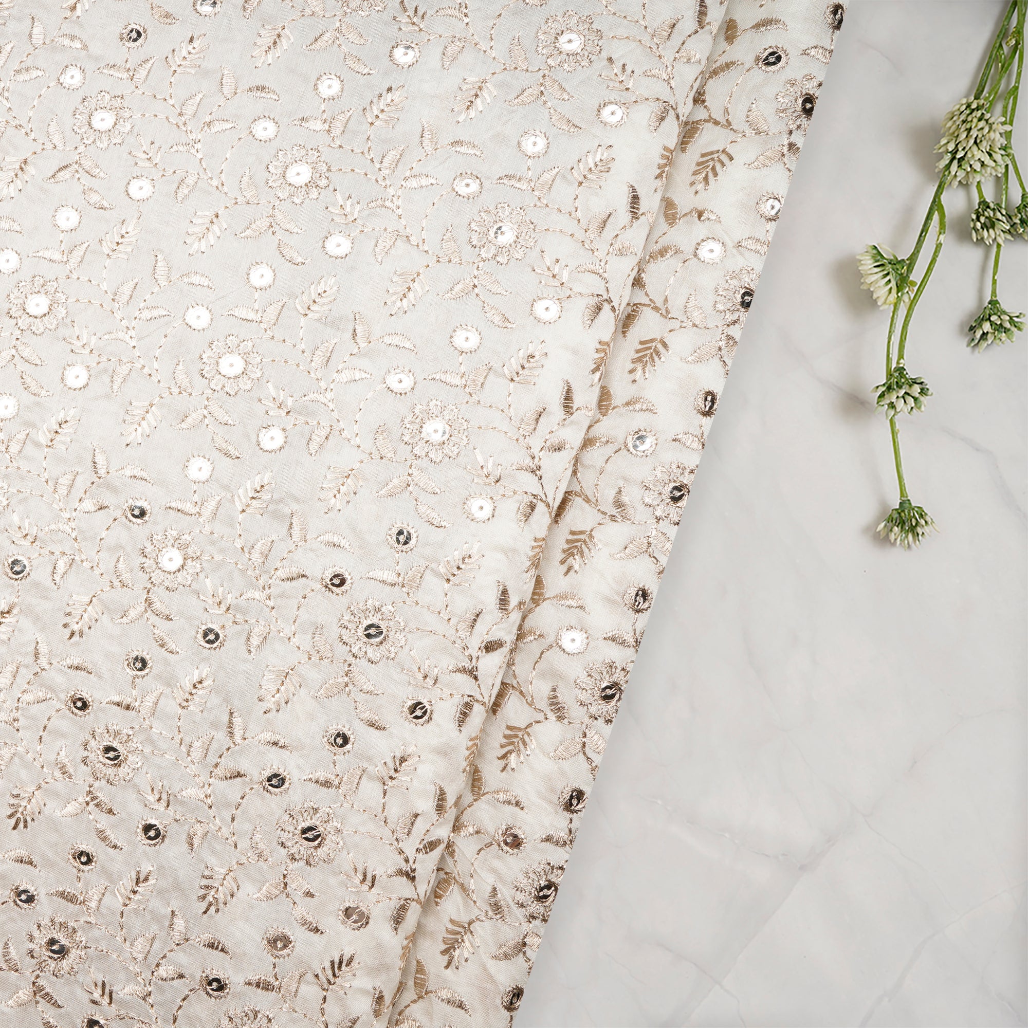 (Pre-Cut 2.50Mtr)White Dyeable All Over Floral Pattern Thread Embroidered Chanderi Fabric