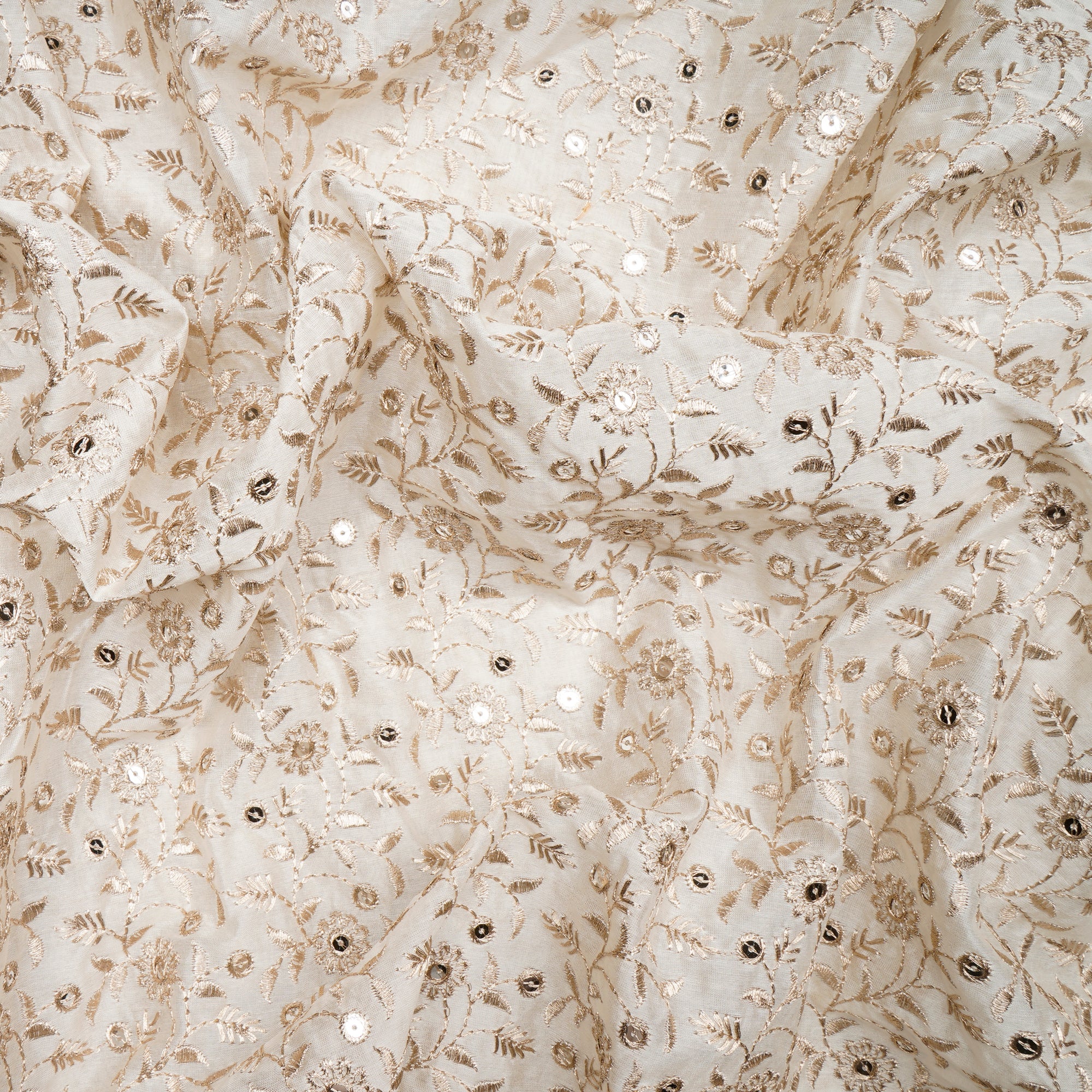 (Pre-Cut 2.50Mtr)White Dyeable All Over Floral Pattern Thread Embroidered Chanderi Fabric