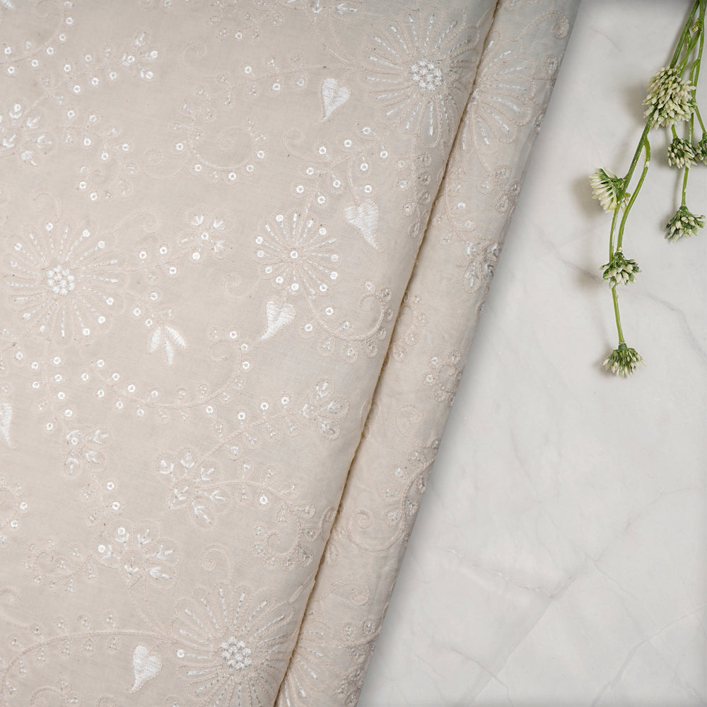(Pre-Cut 2.20Mtr)Off White Color Embroidered Cotton Fabric
