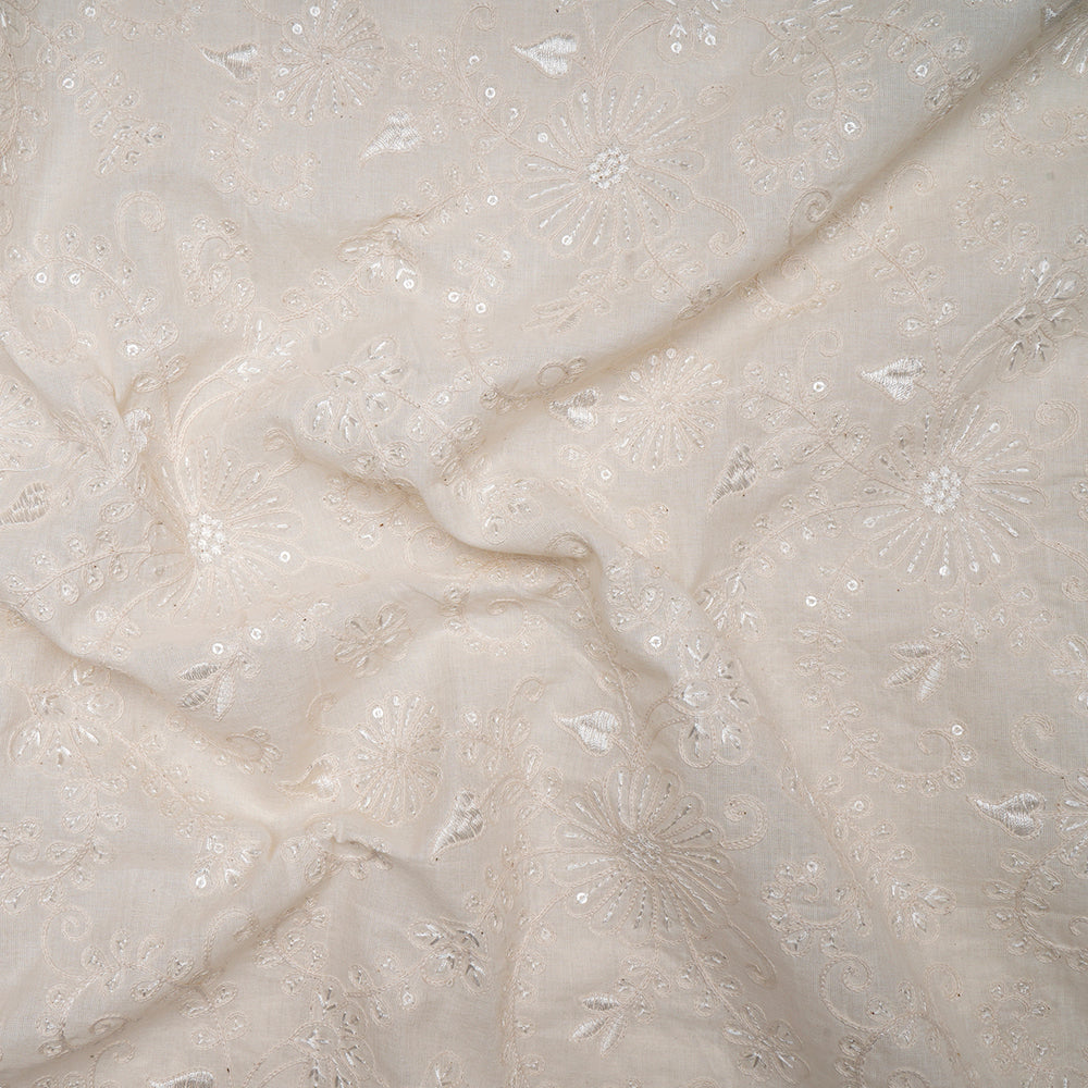 (Pre-Cut 2.20Mtr)Off White Color Embroidered Cotton Fabric