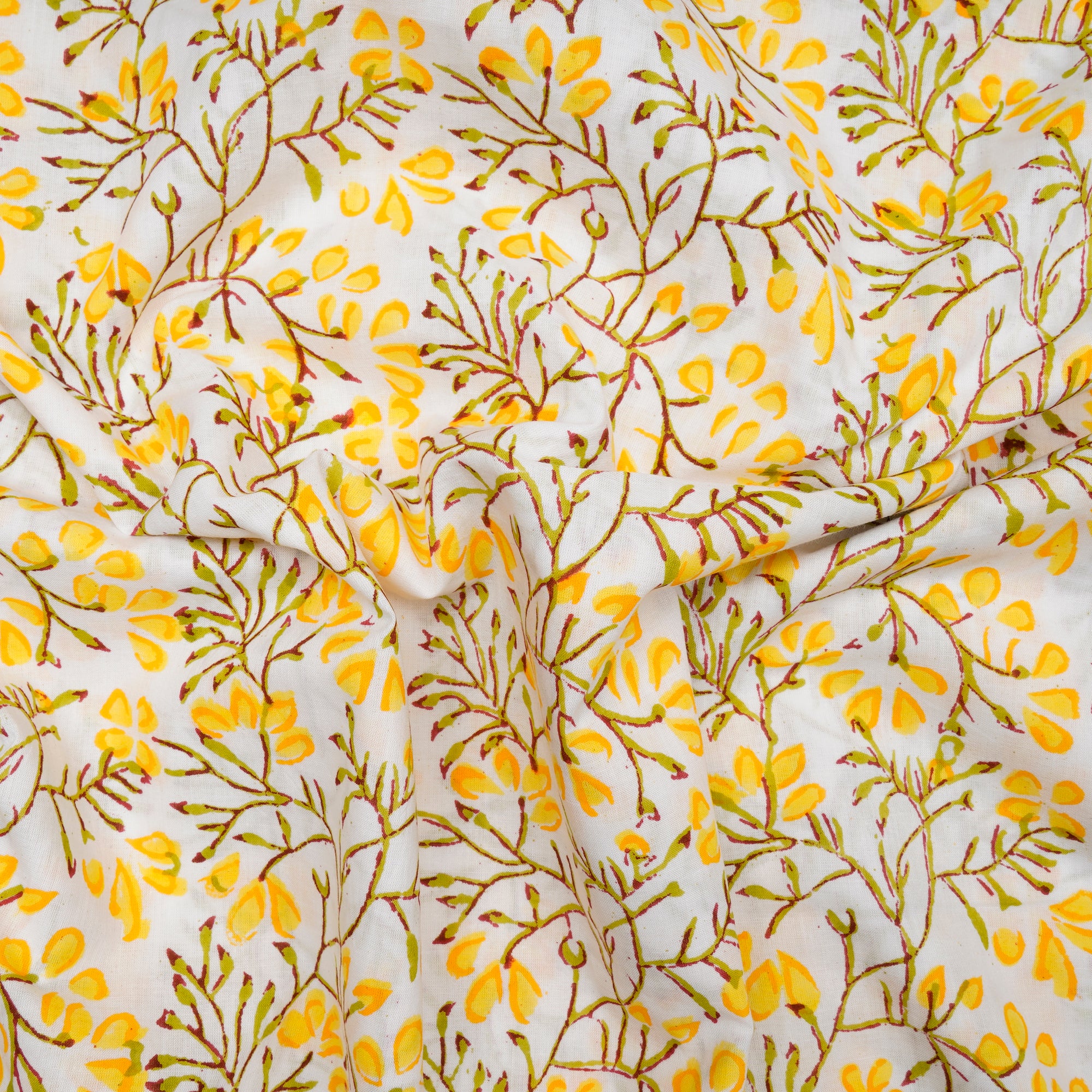 (Pre-Cut 1.00Mtr)White-Yellow Floral Pattern Natural Dye Hand Block Bagru Printed Cotton Fabric