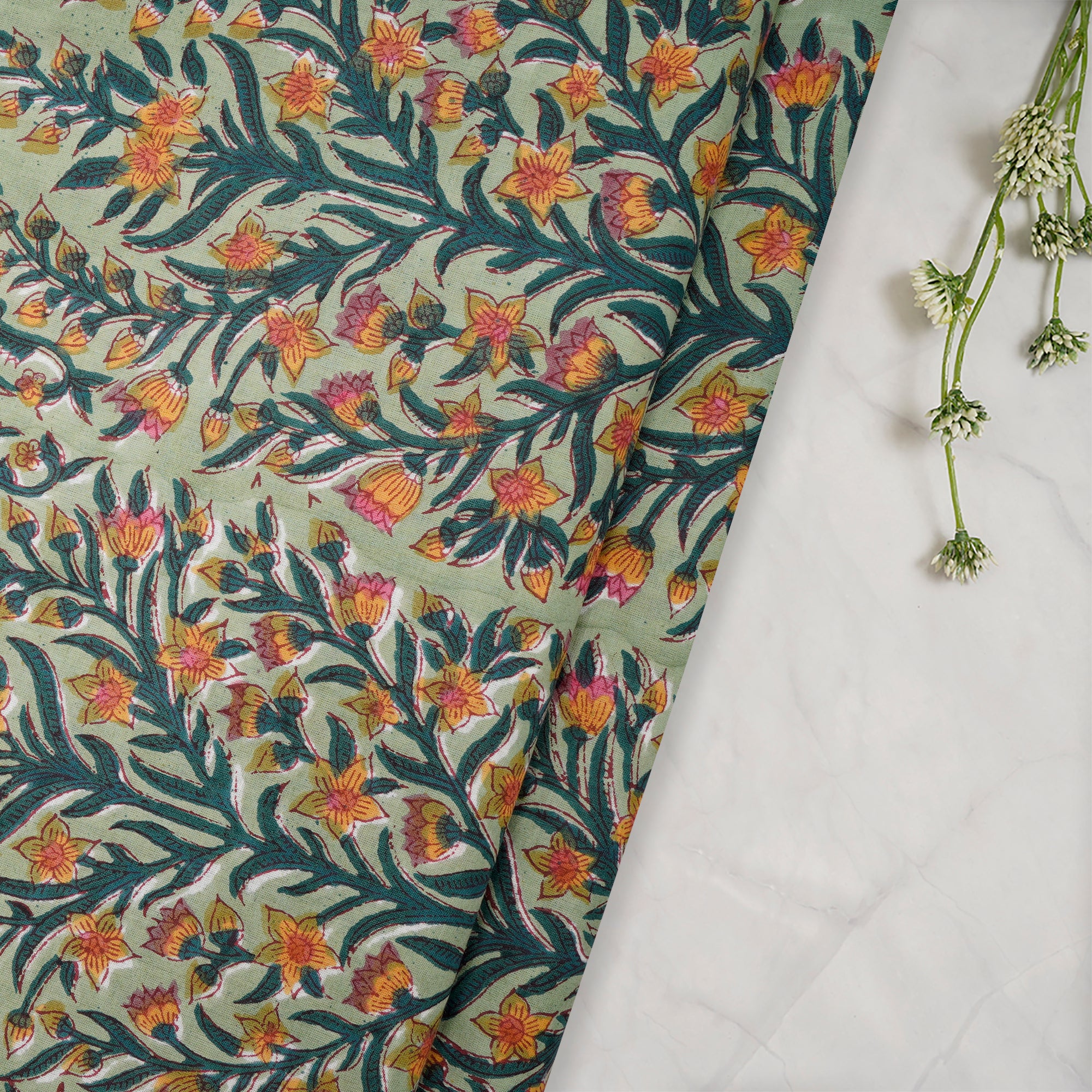 (Pre-Cut 2.20 Mtr)Spray Floral Pattern Natural Dye Hand Block Bagru Printed Cotton Fabricprecuts&&2030