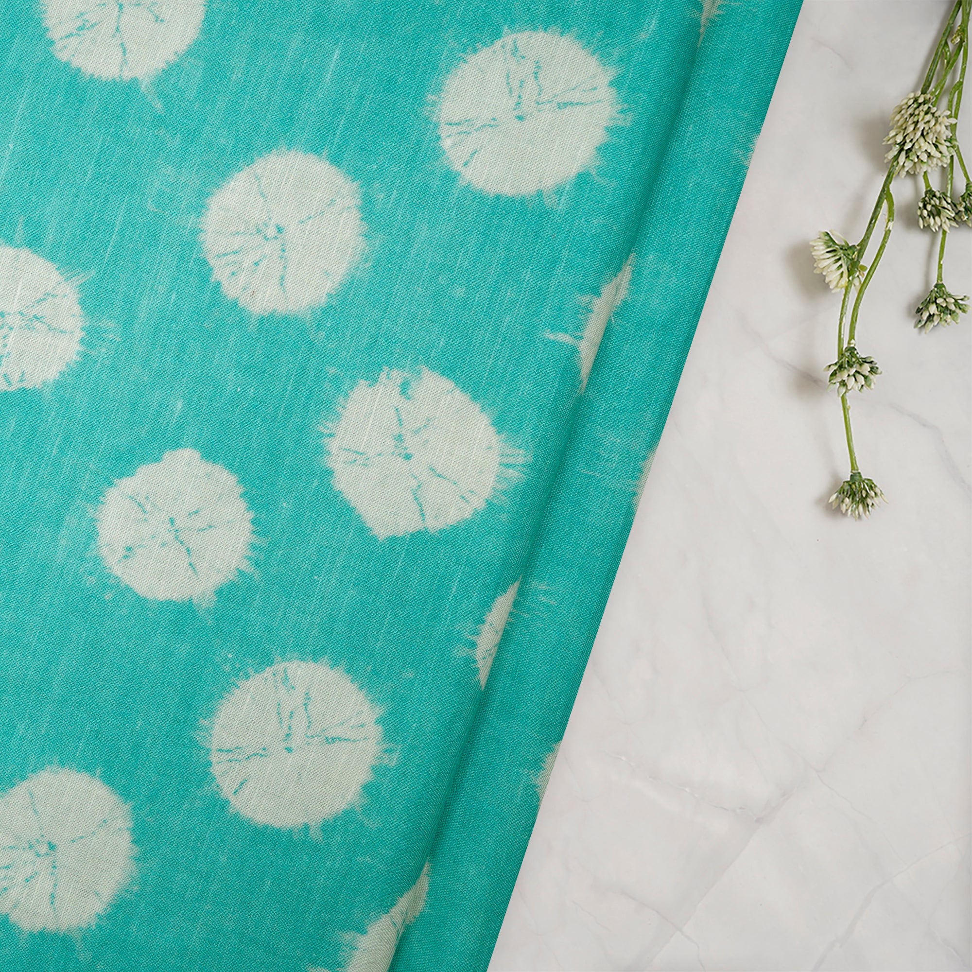 (Pre-Cut 2.40 Mtr)Pool Blue Bandhani Pattern Digital Print Fancy Linen Fabric