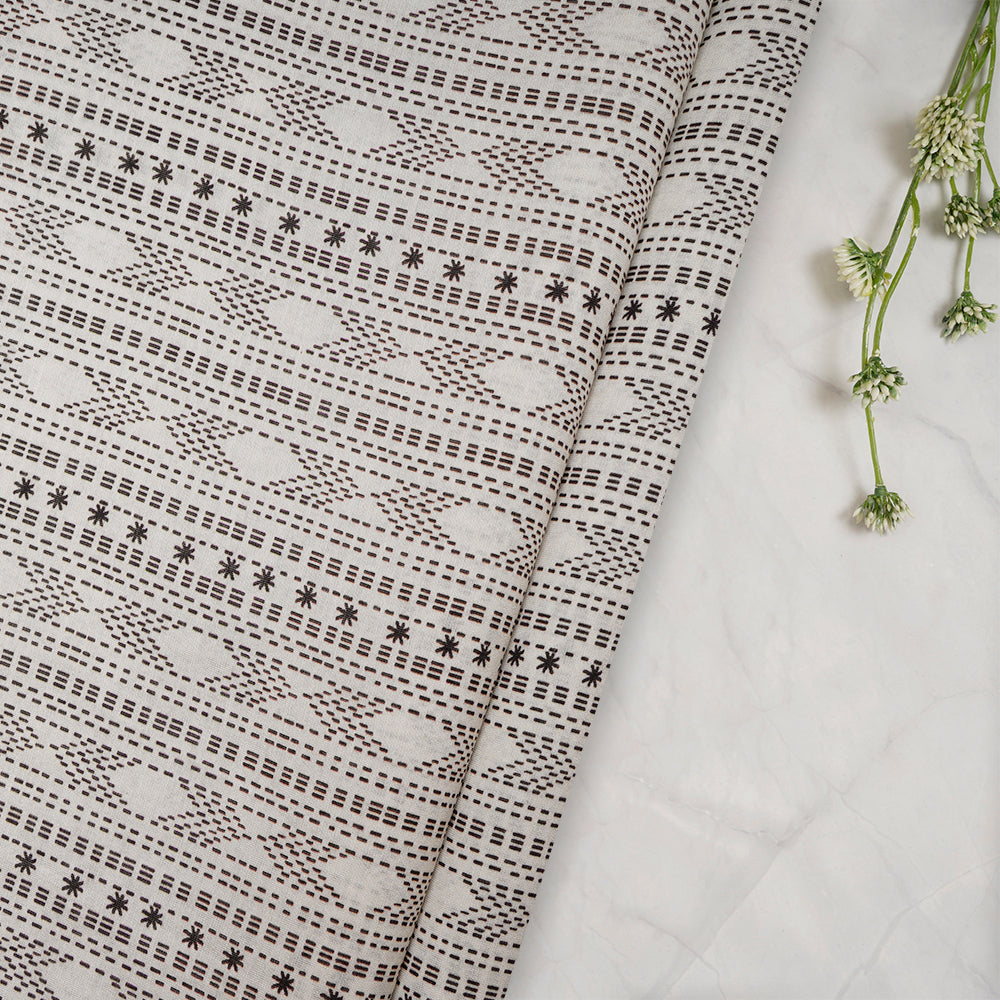 (Pre-Cut 2.10 Mtr)White-Black Color Digital Print Pure Chanderi Fabric
