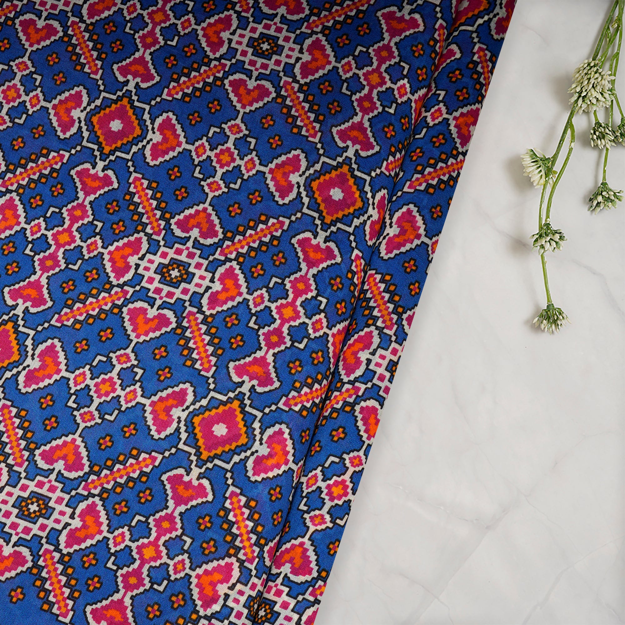 (Pre-Cut 1.50 Mtr)Blue Patola Pattern Digital Print Chanderi Fbaric