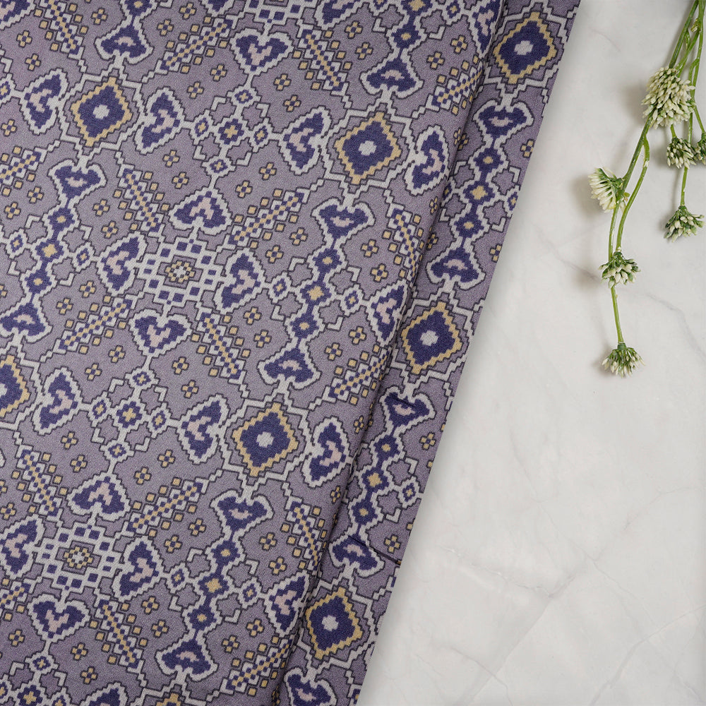 (Pre-Cut 3.20Mtr)Lavender Mist Patola Pattern Digital Printed Pure Chanderi Fabricprecuts&&2052
