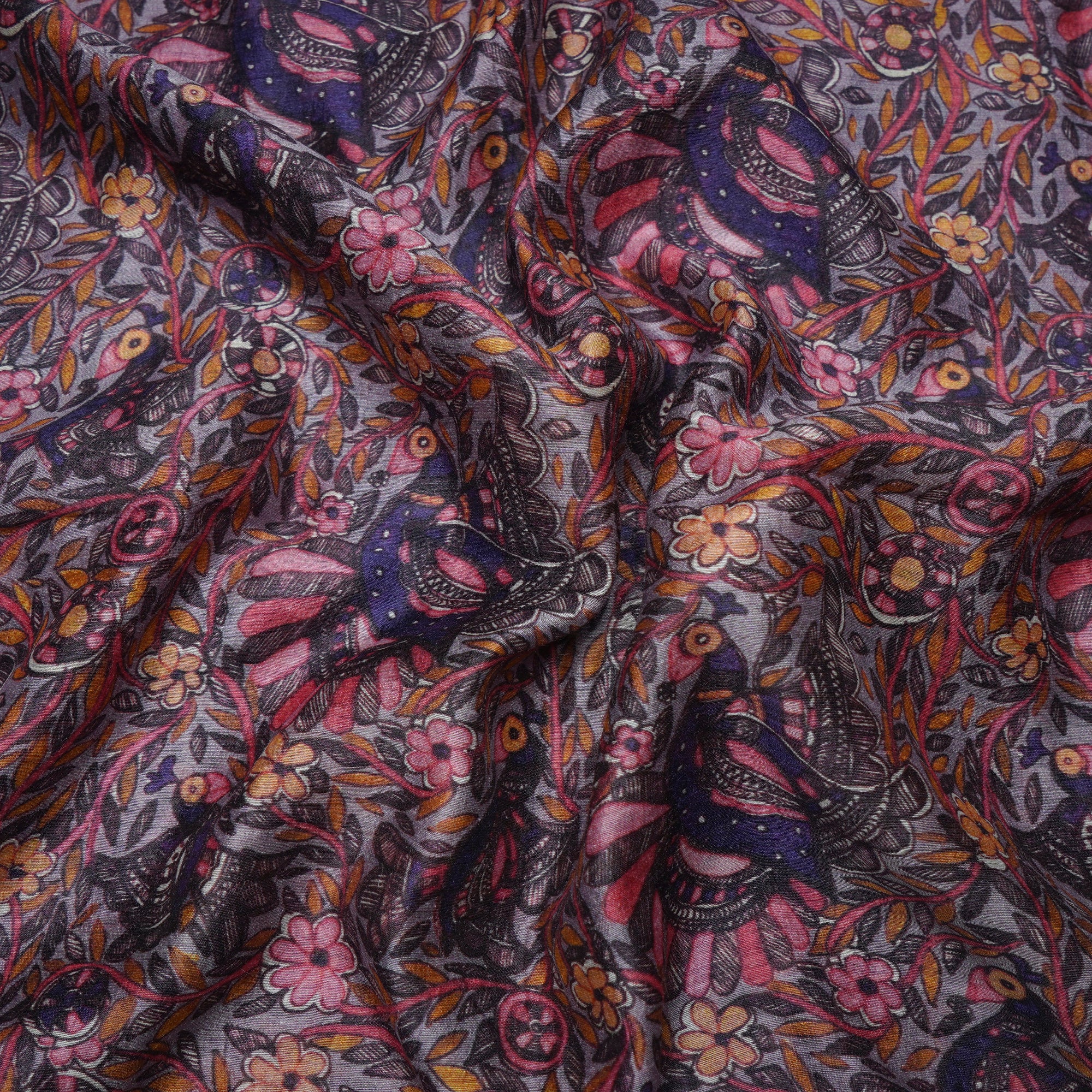 (Pre-Cut 1.30 Mtr)Multi Color Digital Print Madhubani Pattern Tussar Silk Fabric