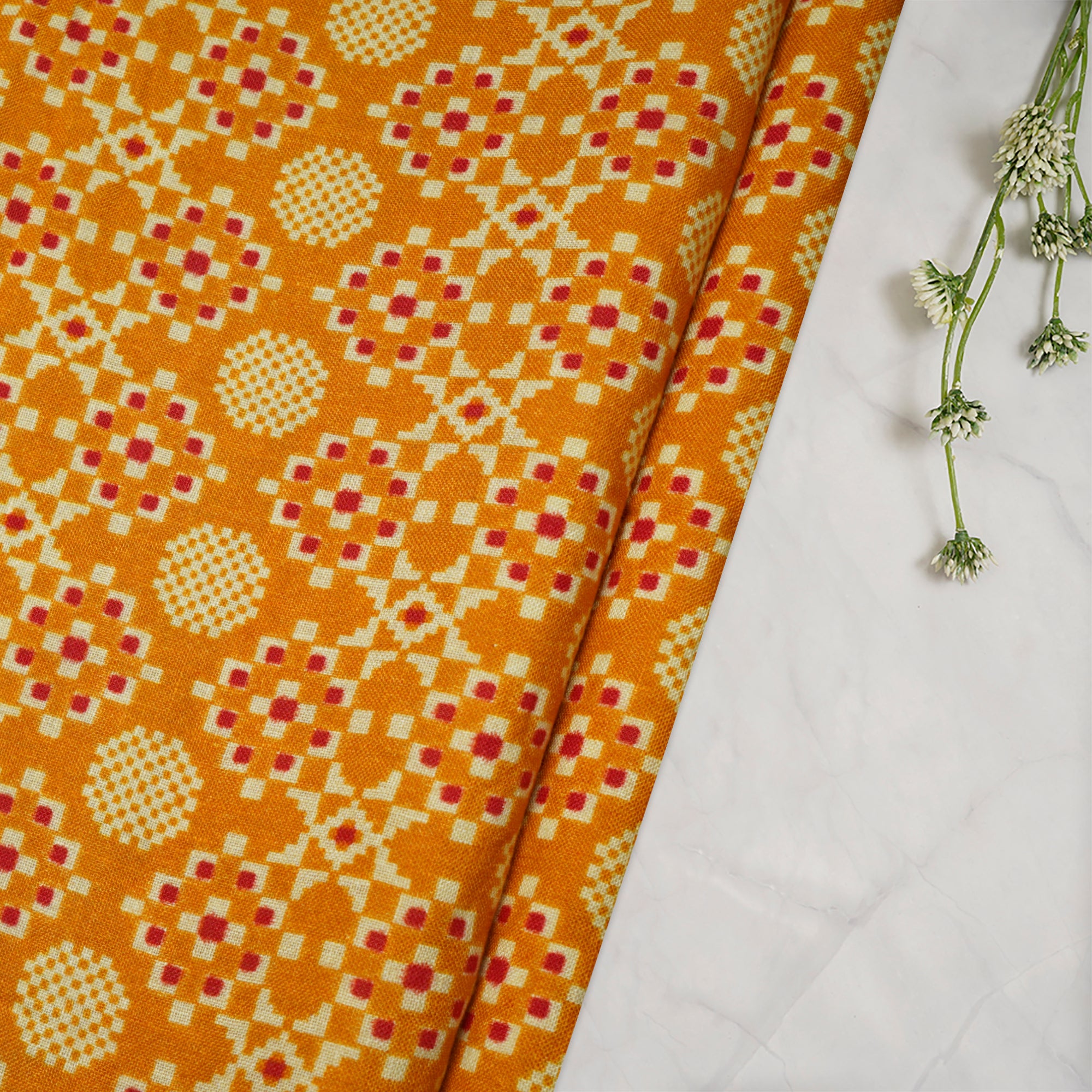 (Pre-Cut 0.90 Mtr)Mustard Color Digital Print Linen Fabric