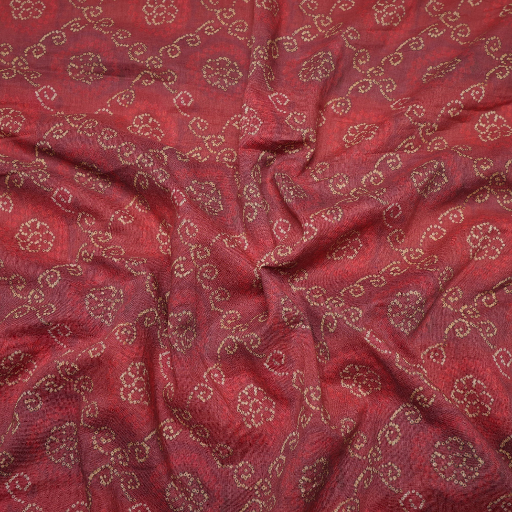 (Pre-Cut 2.30 Mtr)Red Bandhani Pattern Digital Print Voile Fabric