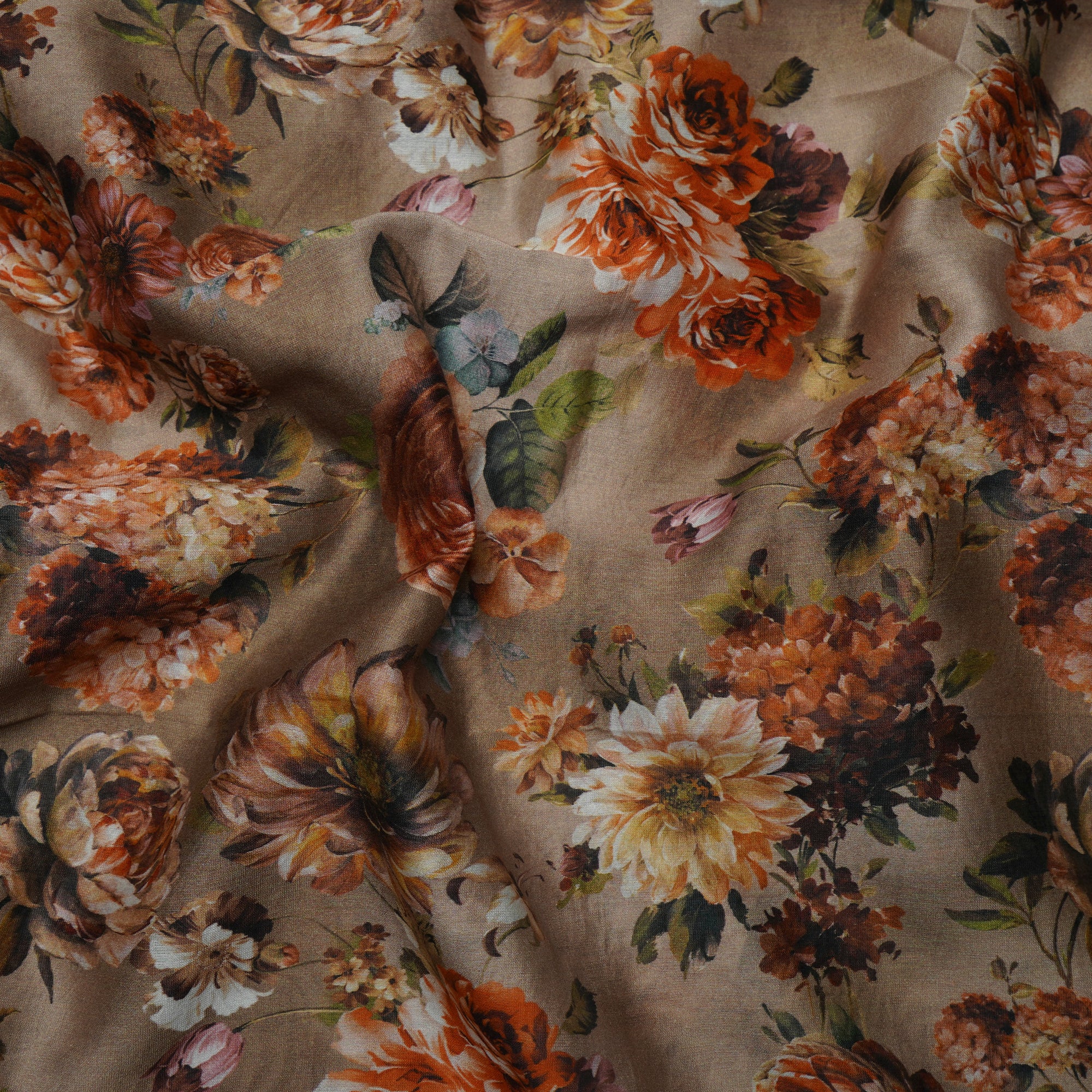 (Pre-Cut 4.60 Mtr)Beige Floal Pattern Digital Print Chanderi Fbaric