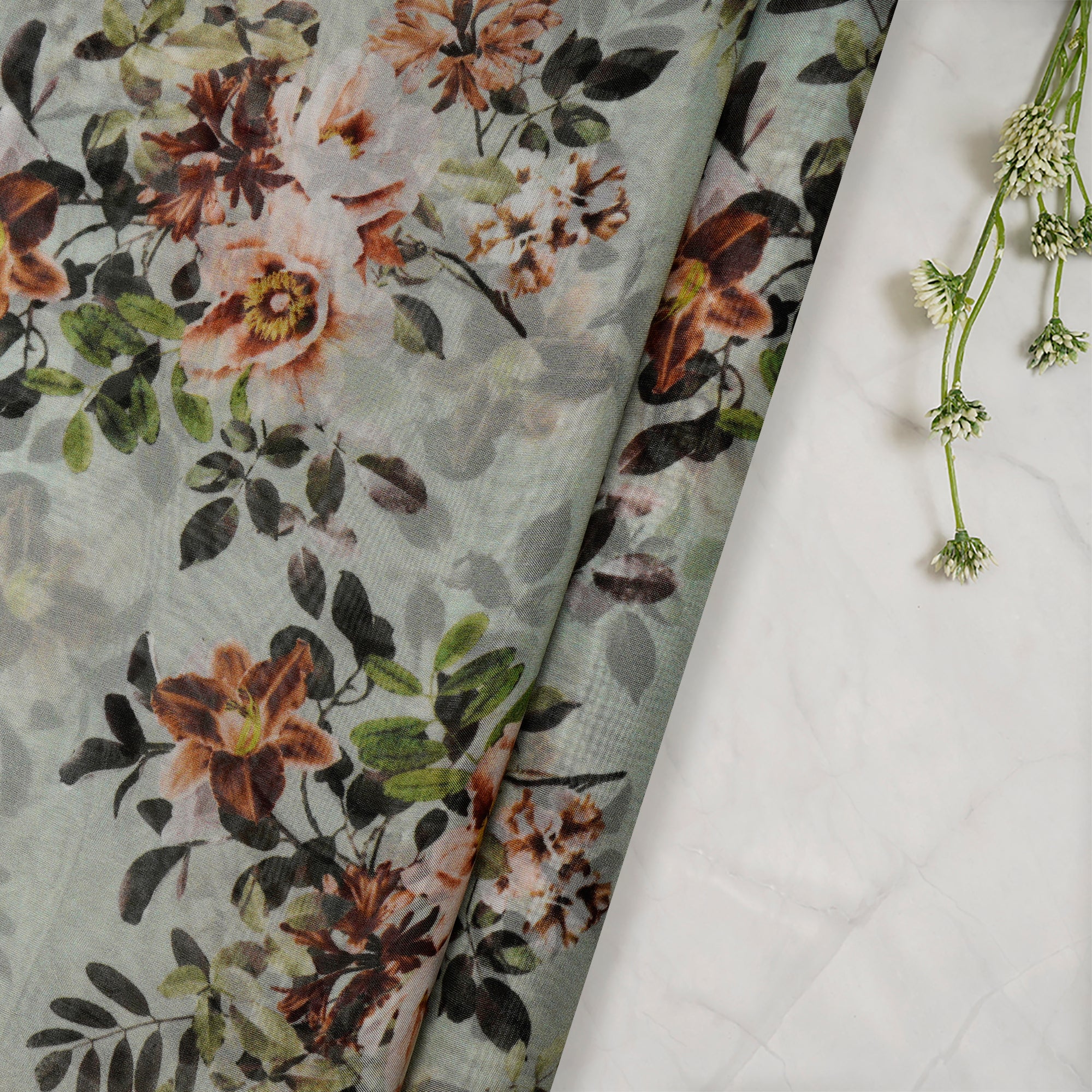(Pre-Cut 1.50 Mtr)Mint Green Floral Pattern Digital Print Viscose Organza Fabric