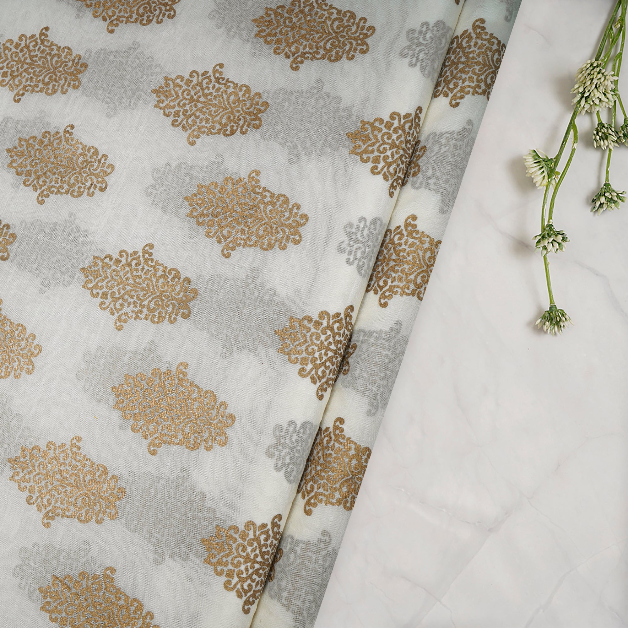(Pre-Cut 2.70 Mtr)Off White-Golden Color Digital Print Fine Chanderi Fabric