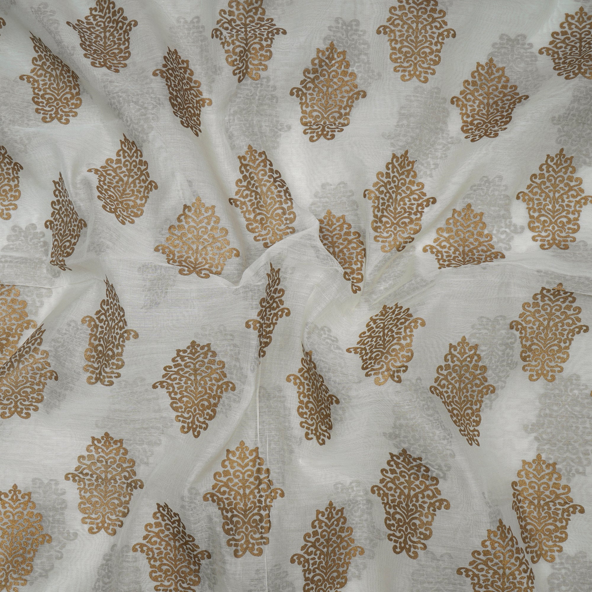 (Pre-Cut 2.70 Mtr)Off White-Golden Color Digital Print Fine Chanderi Fabric