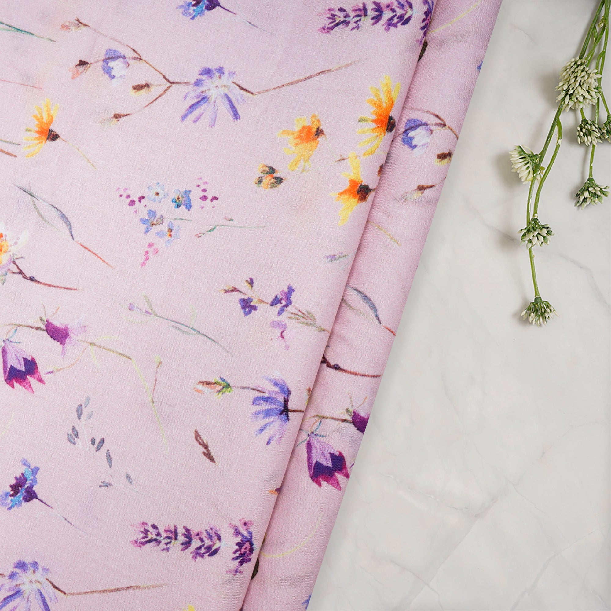 (Pre-Cut 2.40 Mtr)Baby Pink Floral Pattern Digital Print Cambric Fabric