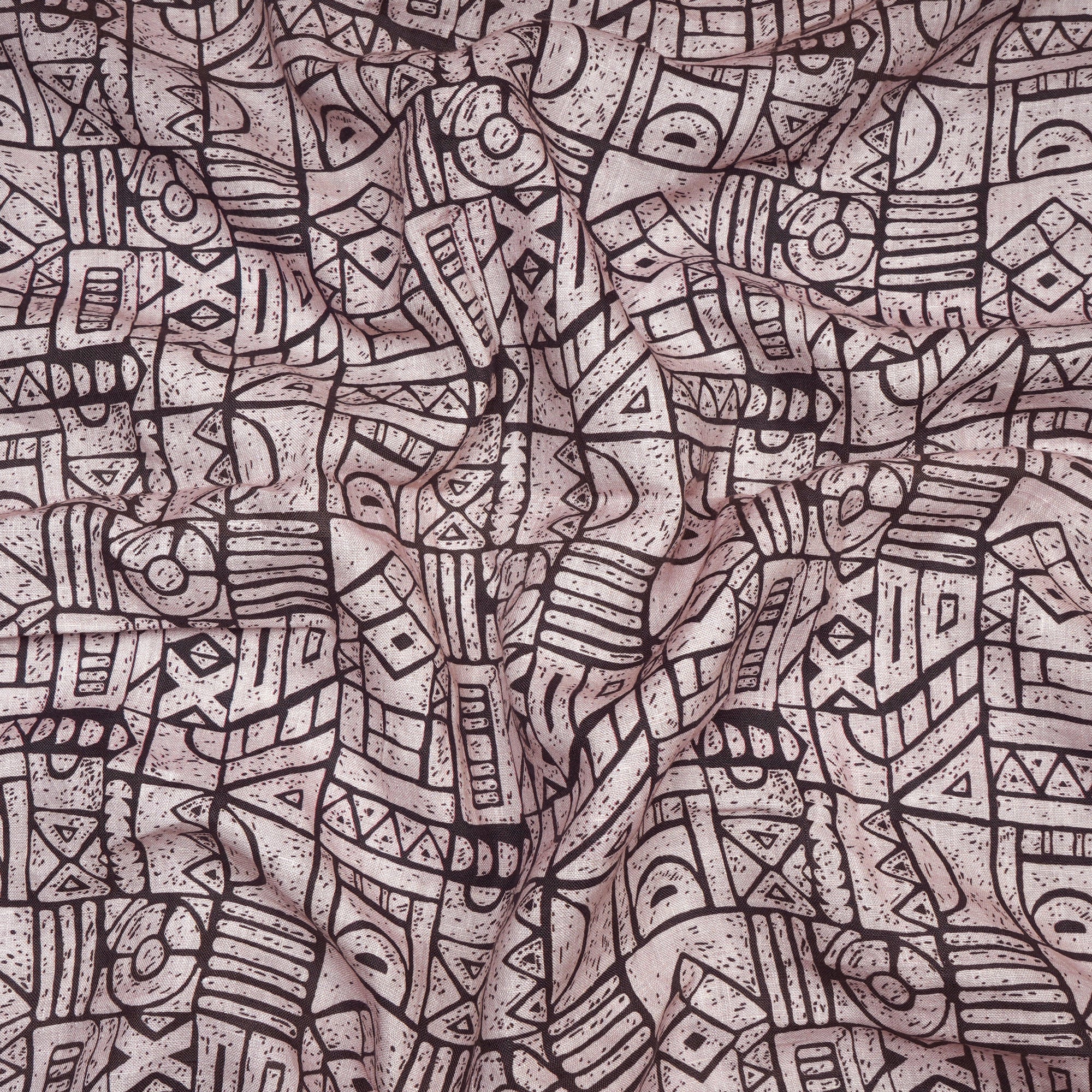 (Pre-Cut 1.90 Mtr)Powder Pink Geometric Pattern Digital Print Linen Fabric