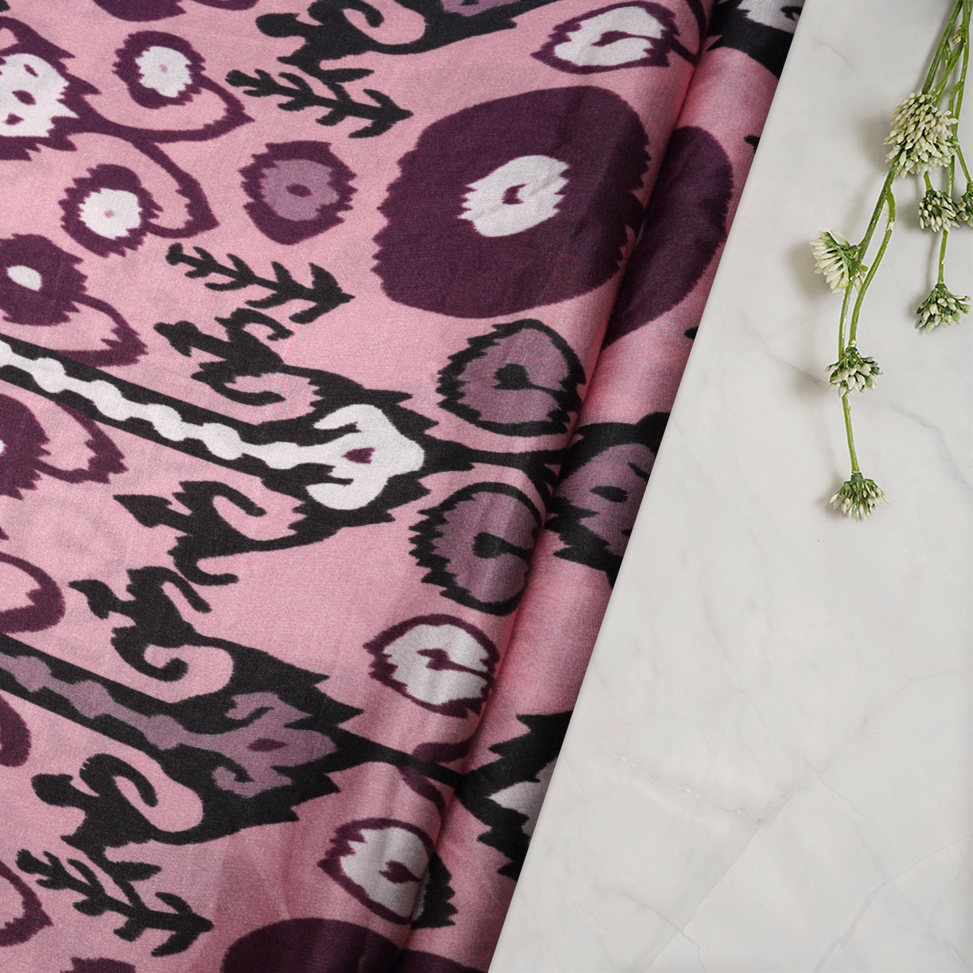 (Pre-Cut 2.00 Mtr)Light Pink Ikat Pattern Digital Print Modal Satin Fabric
