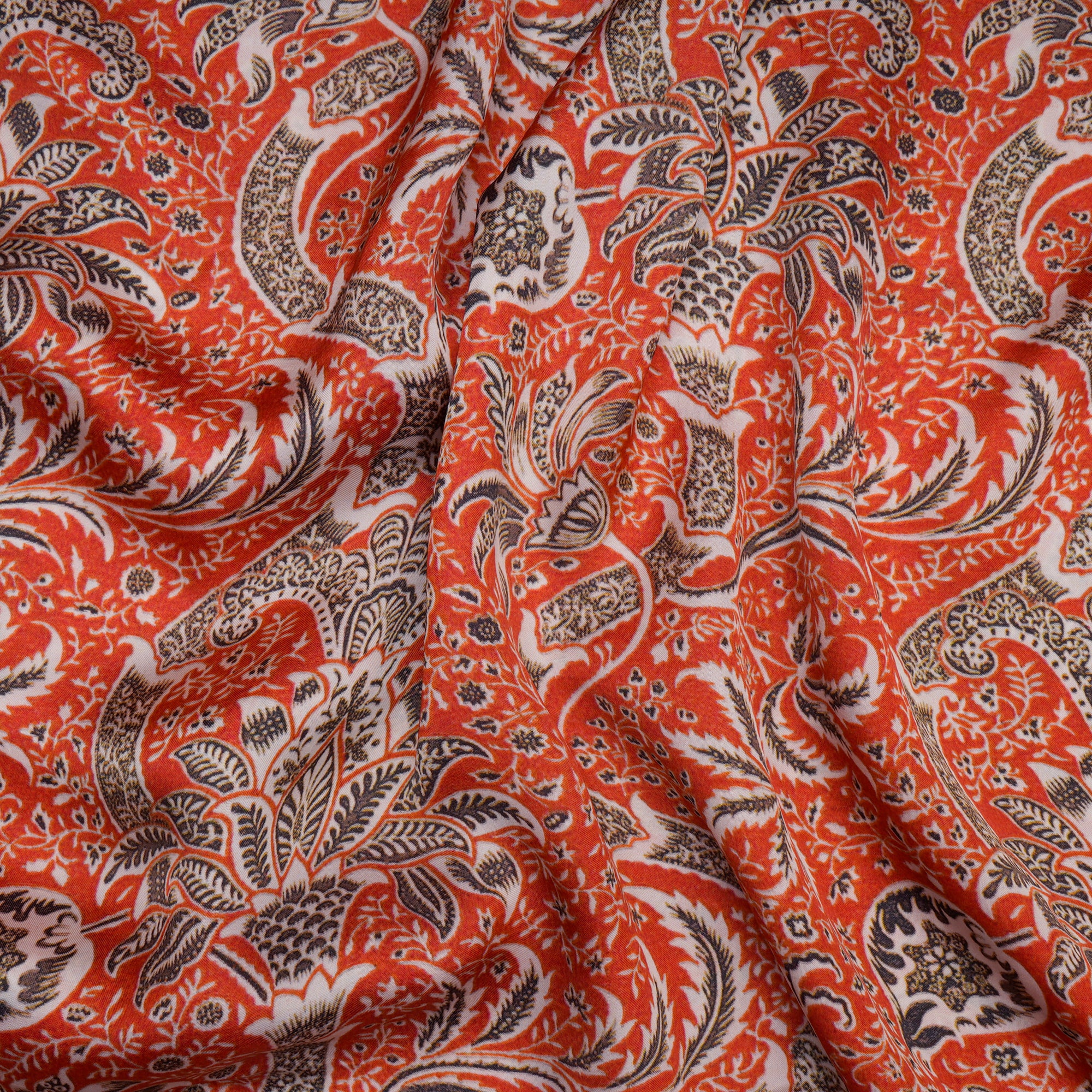 (Pre-Cut 4.30 Mtr)Off-White Floral Pattern Digital Print Bemberg Satin Fabric