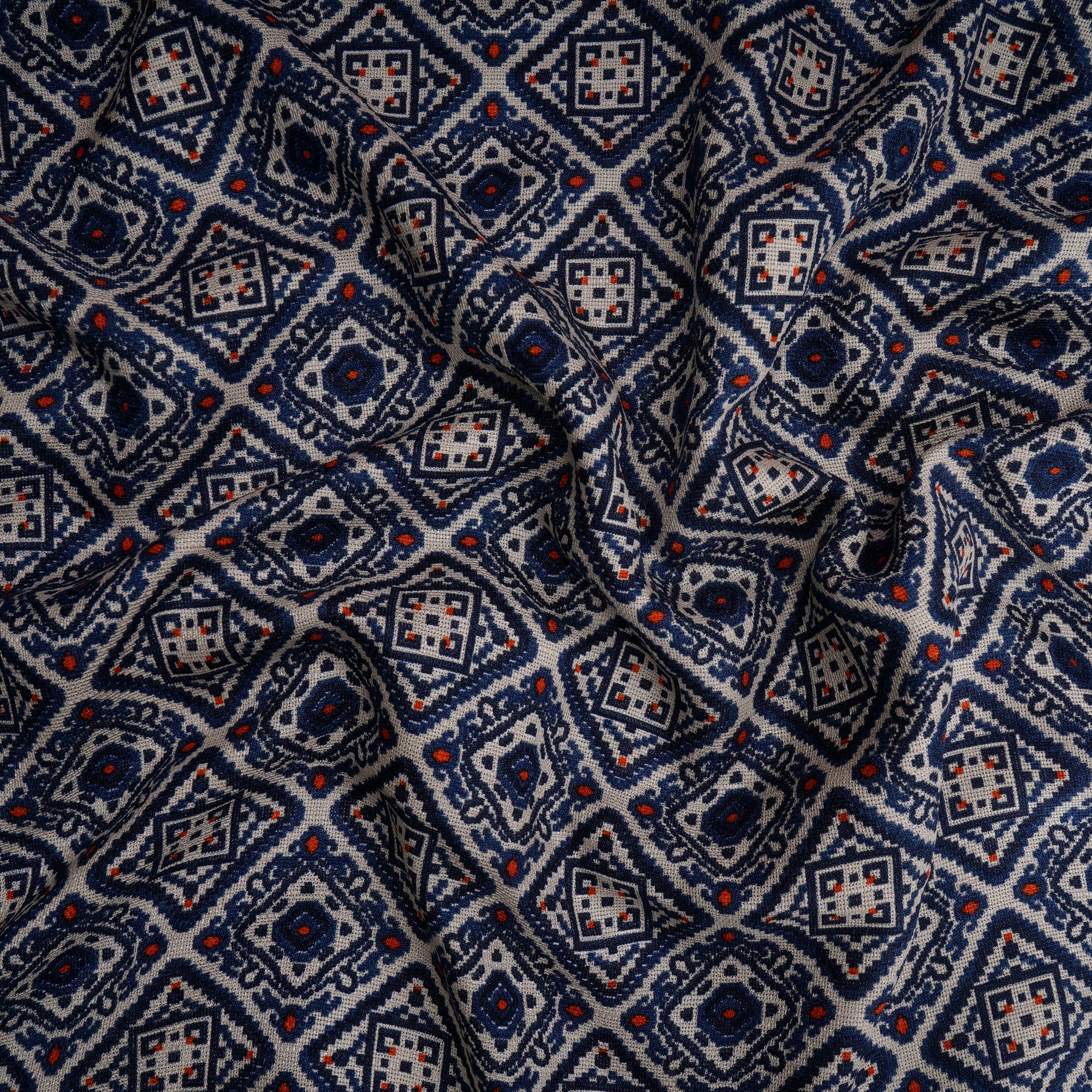 (Pre-Cut 2.50 Mtr)Dark Blue Patola Pattern Printed Polyester Fancy Jute Fabric