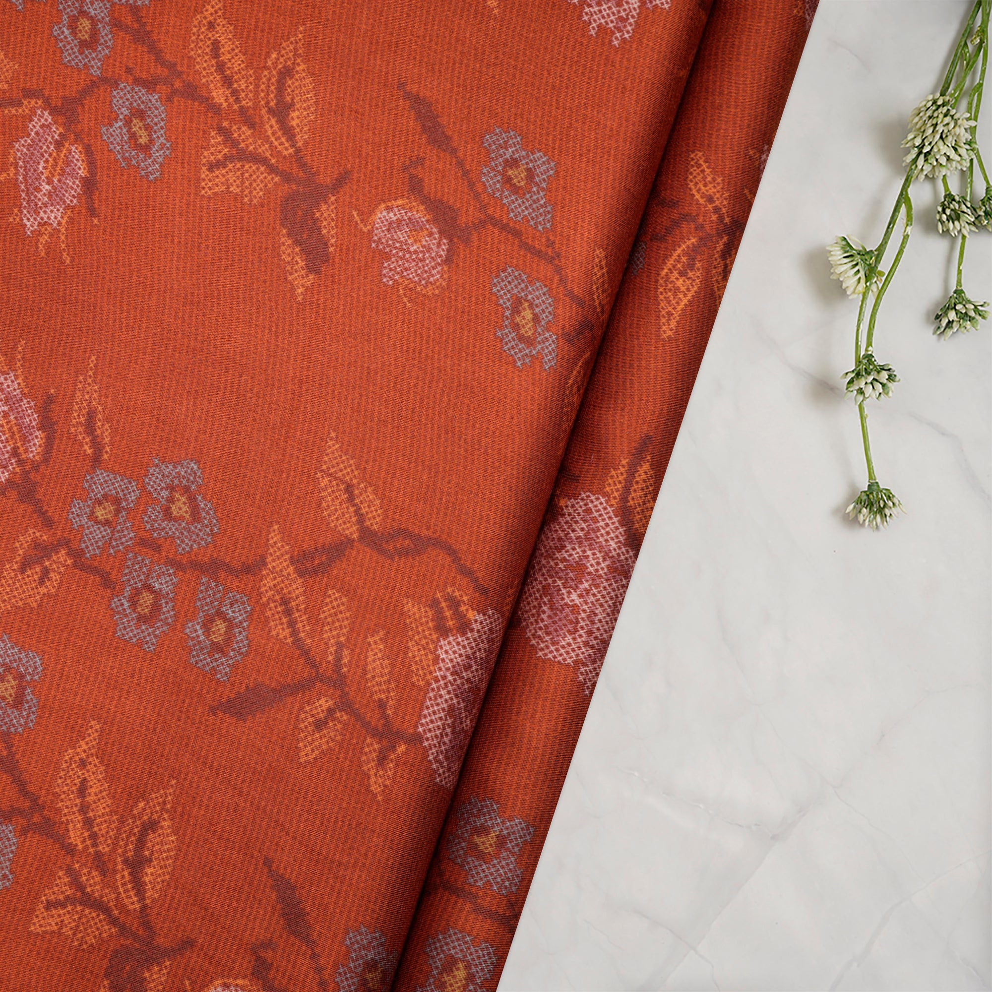 (Pre-Cut 2.50 Mtr)Dark Orange Floral Pattern Digital Print Viscose Fabric